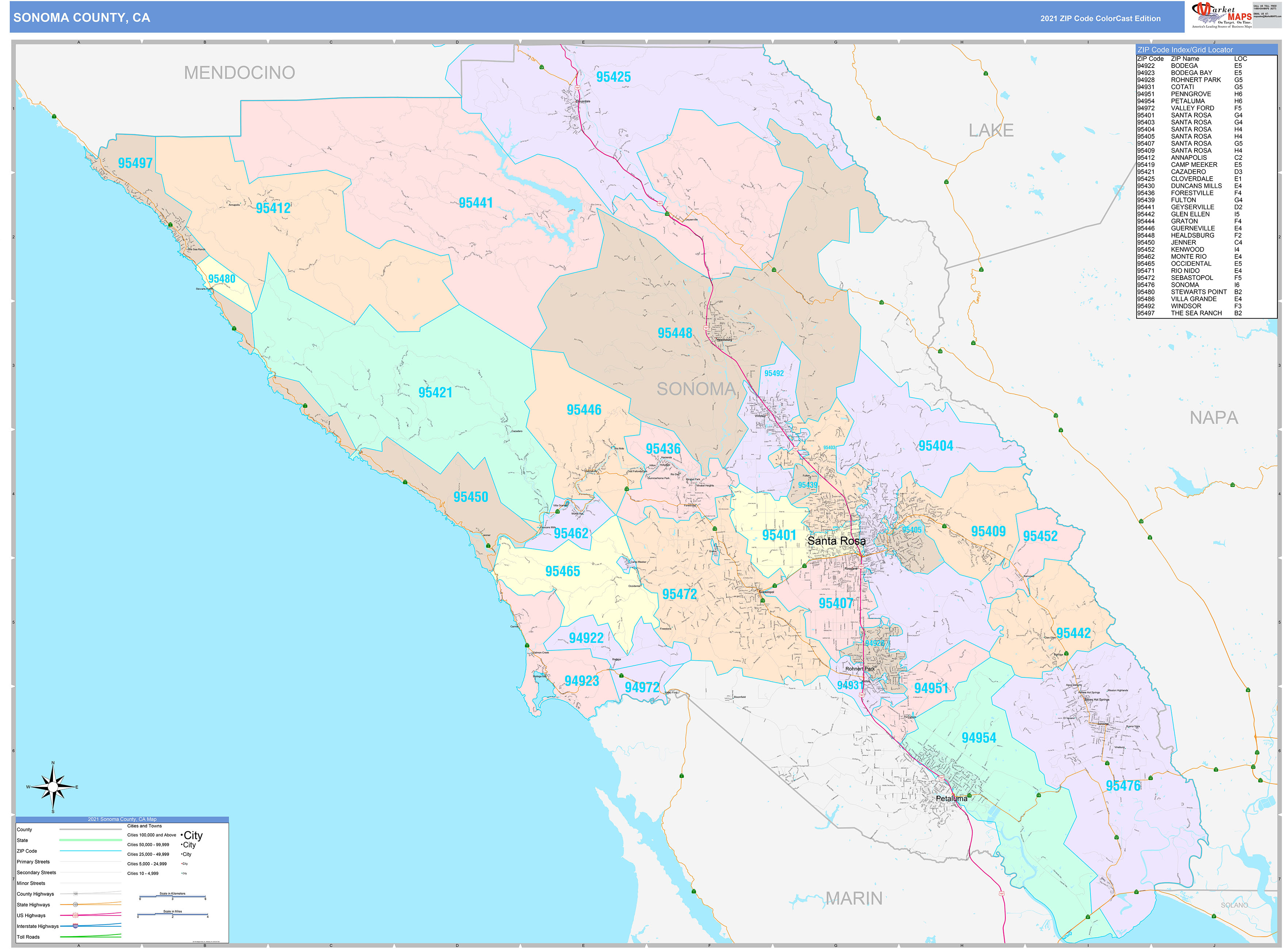 Sonoma County, CA Wall Map Color Cast Style by MarketMAPS - MapSales