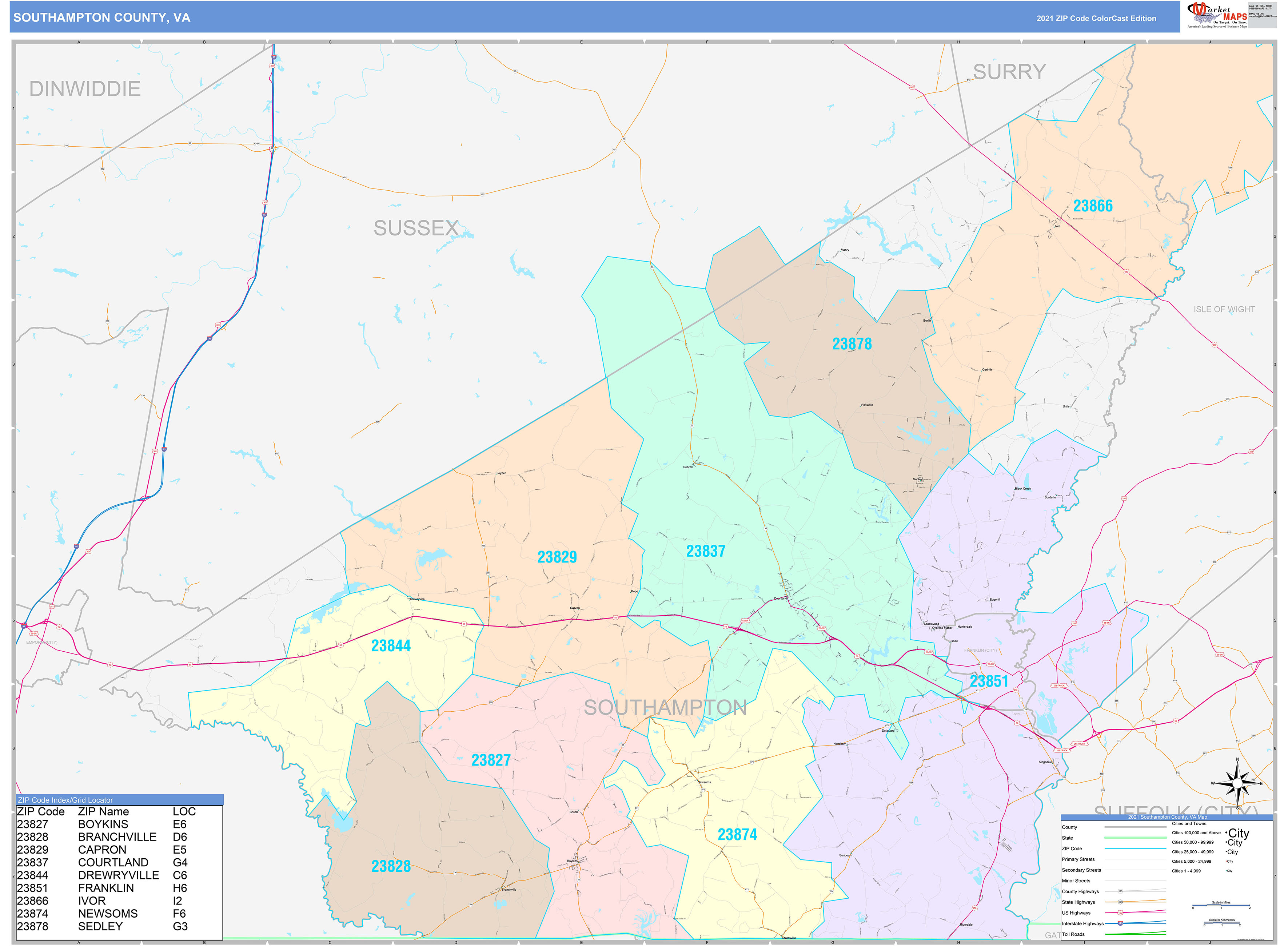 Southampton County Va Wall Map Color Cast Style By Marketmaps Mapsales 6177