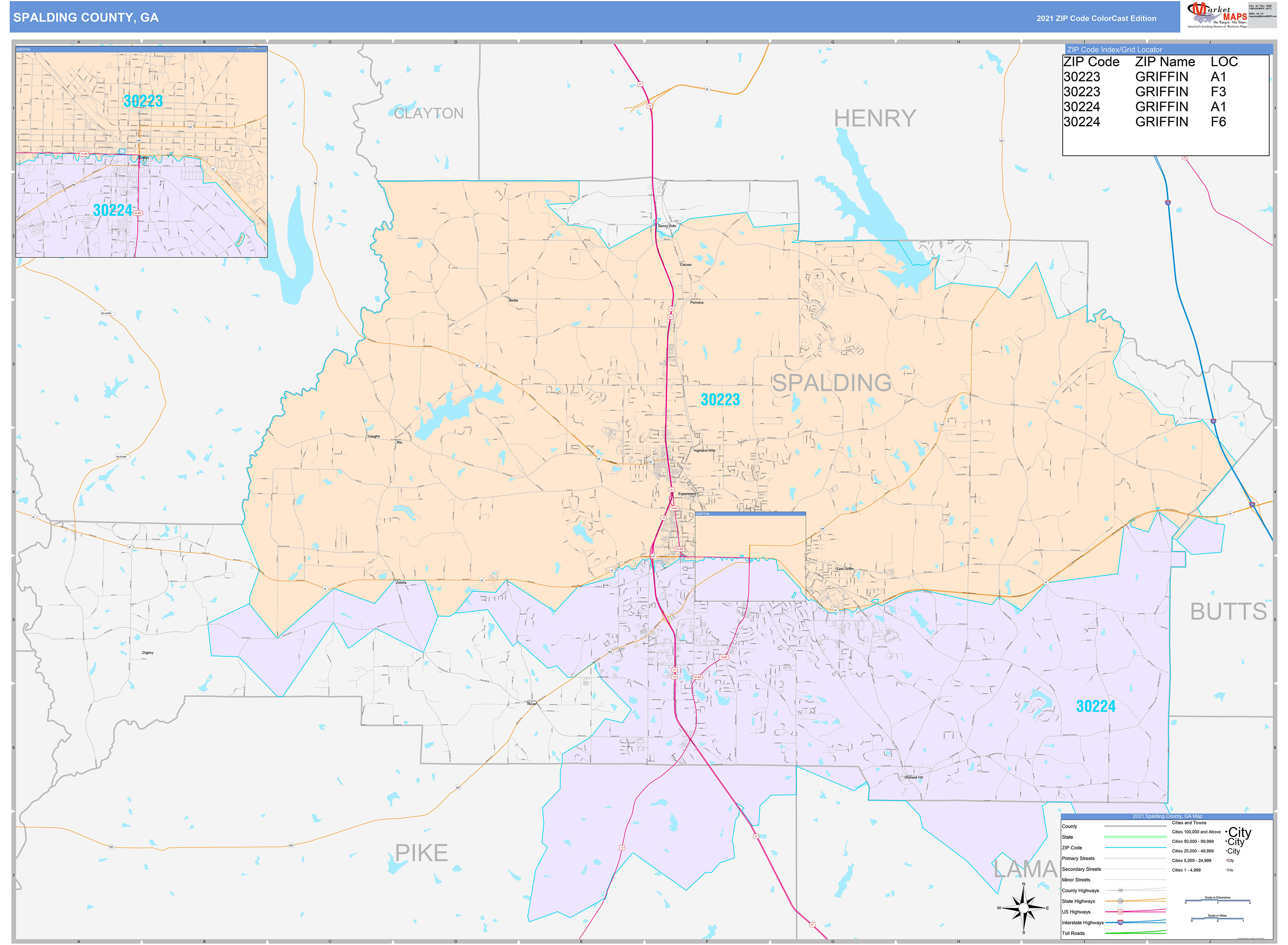Spalding County, GA Wall Map Color Cast Style by MarketMAPS - MapSales.com