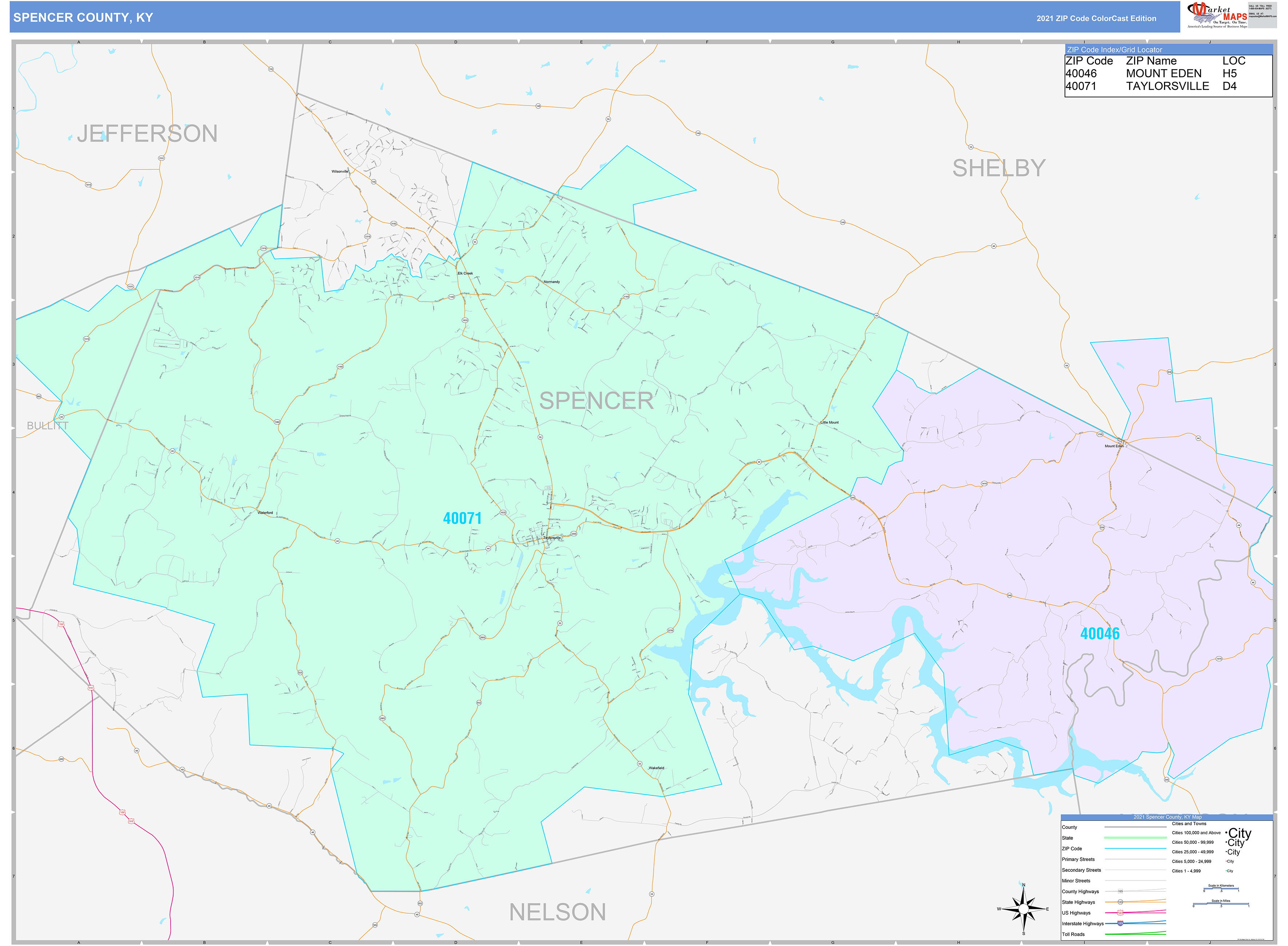 Spencer County, KY Wall Map Color Cast Style by MarketMAPS