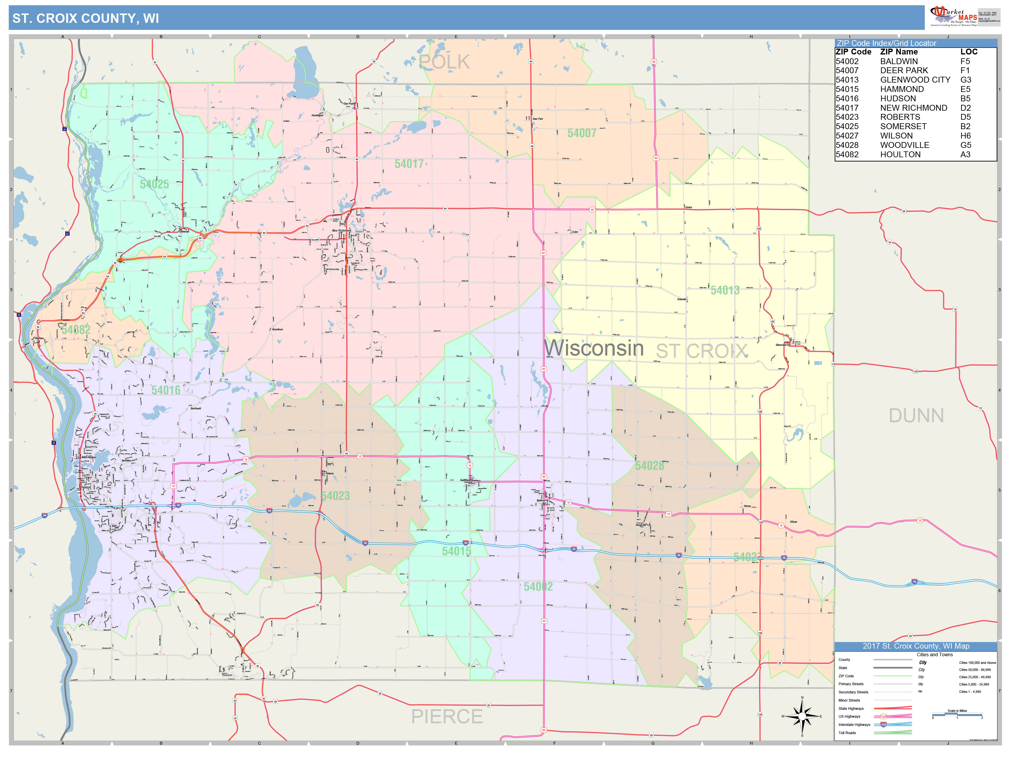 St Croix County WI Wall Map Color Cast Style by MarketMAPS