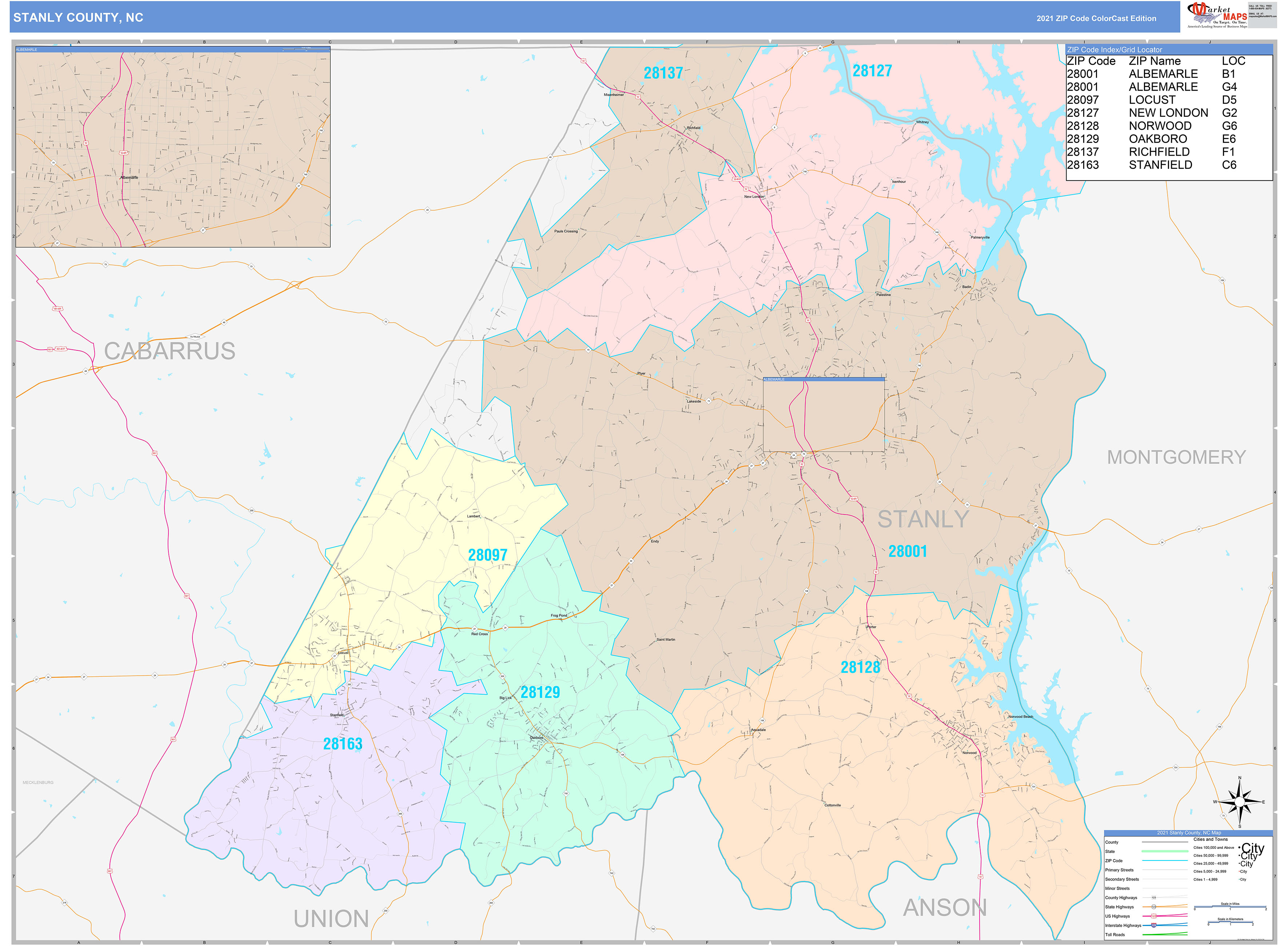 Stanly County, NC Wall Map Color Cast Style by MarketMAPS - MapSales.com