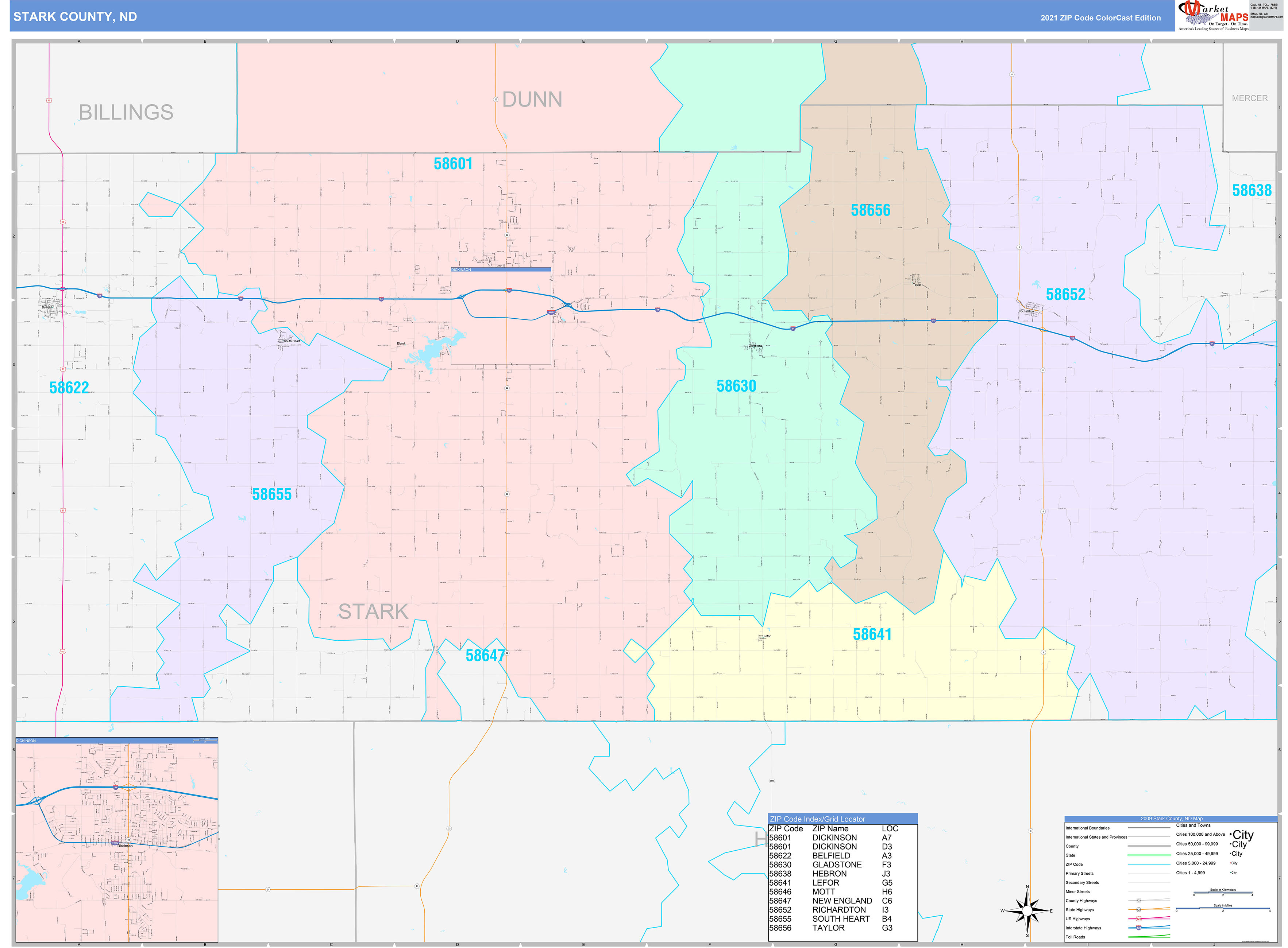 Stark County, ND Wall Map Color Cast Style by MarketMAPS