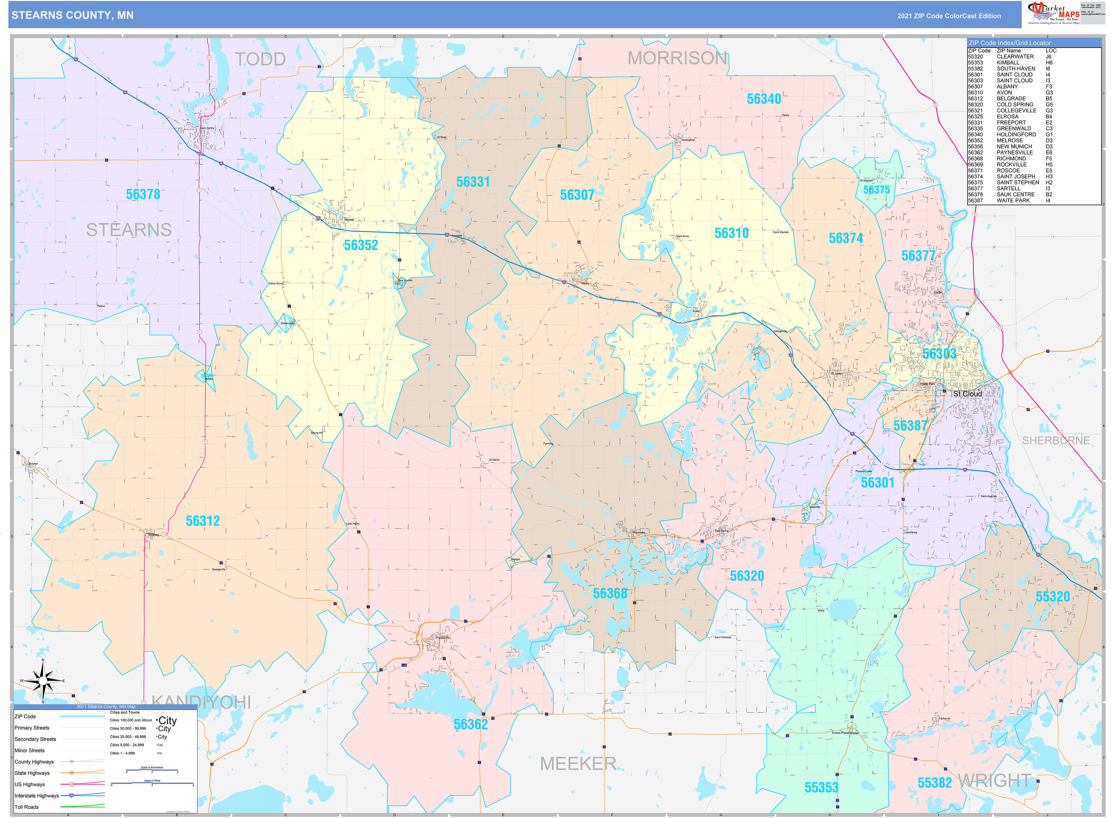 Stearns County, MN Wall Map Color Cast Style by MarketMAPS