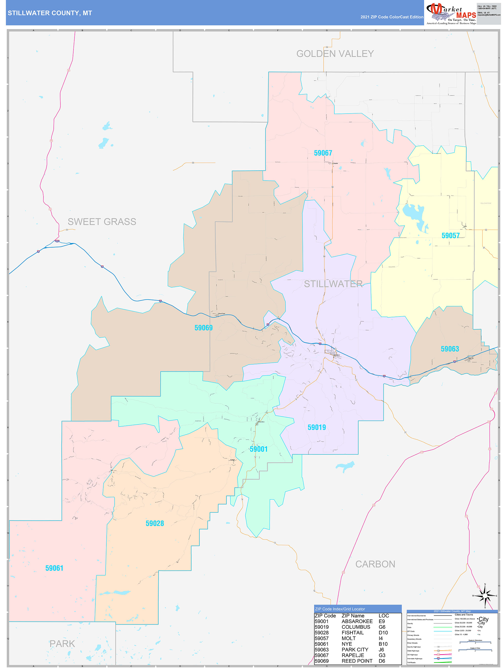 Stillwater County, MT Wall Map Color Cast Style by MarketMAPS - MapSales