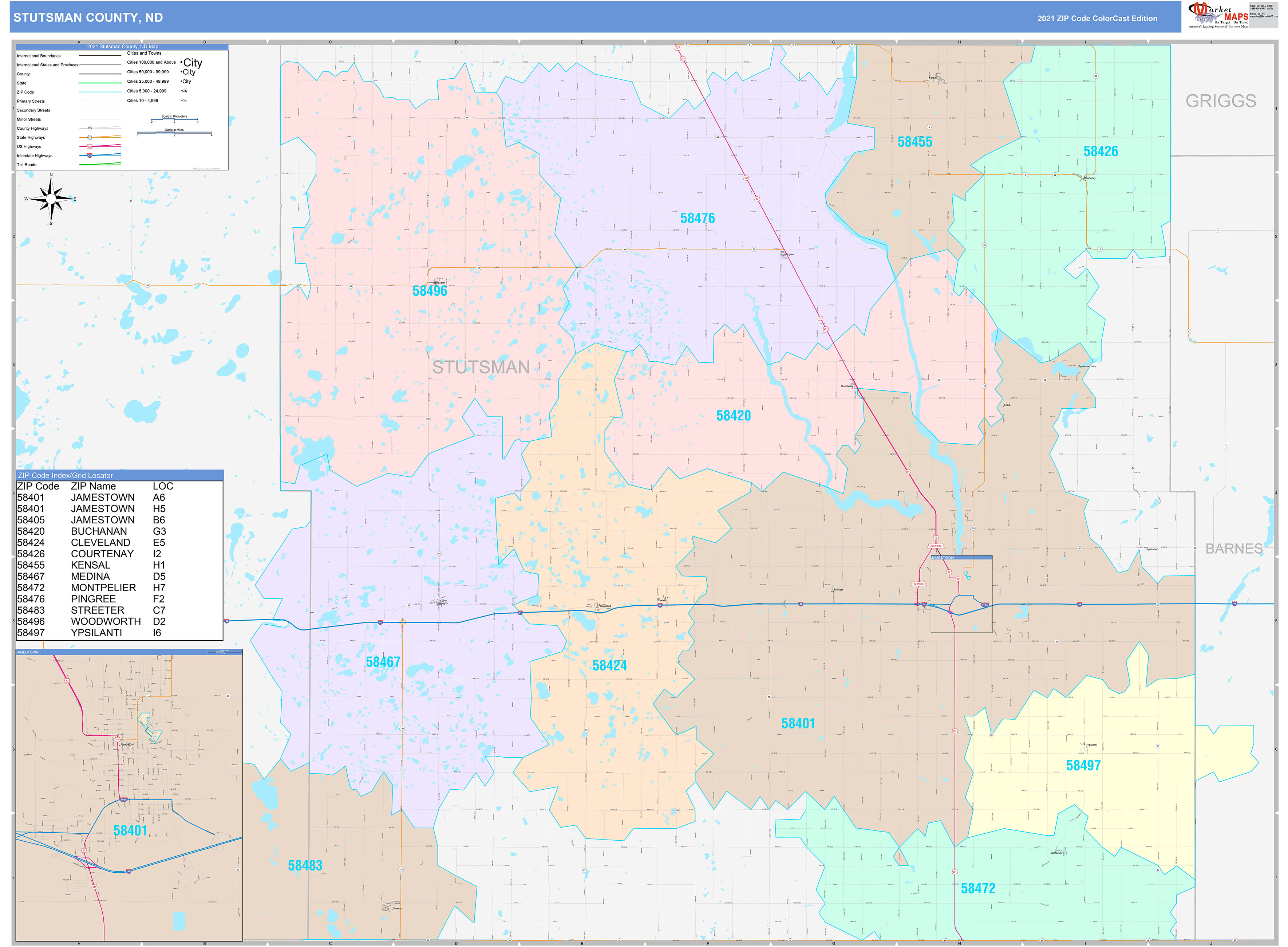 Stutsman County ND Wall Map Color Cast Style by MarketMAPS MapSales