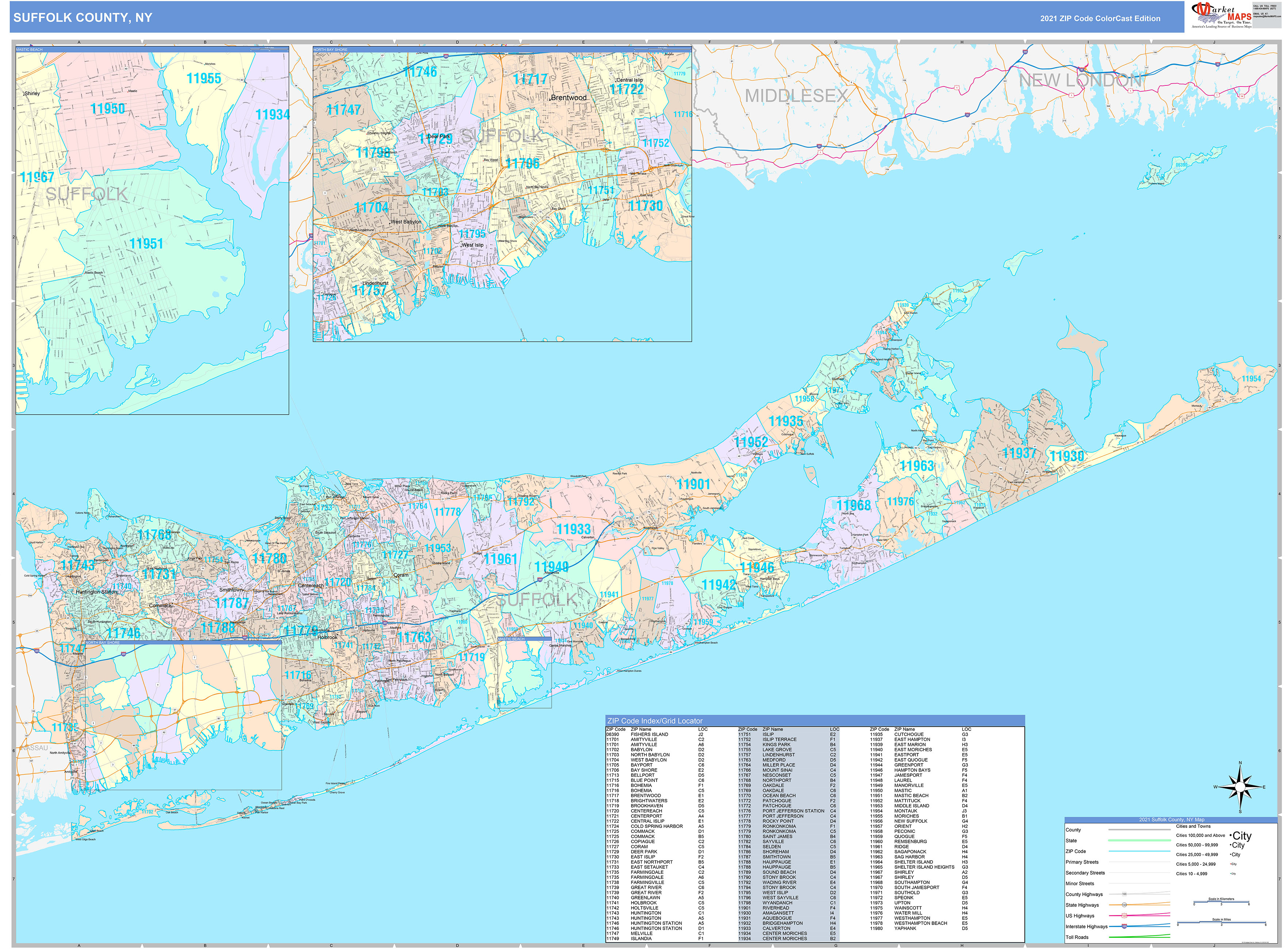 Suffolk County, NY Wall Map Color Cast Style by MarketMAPS - MapSales