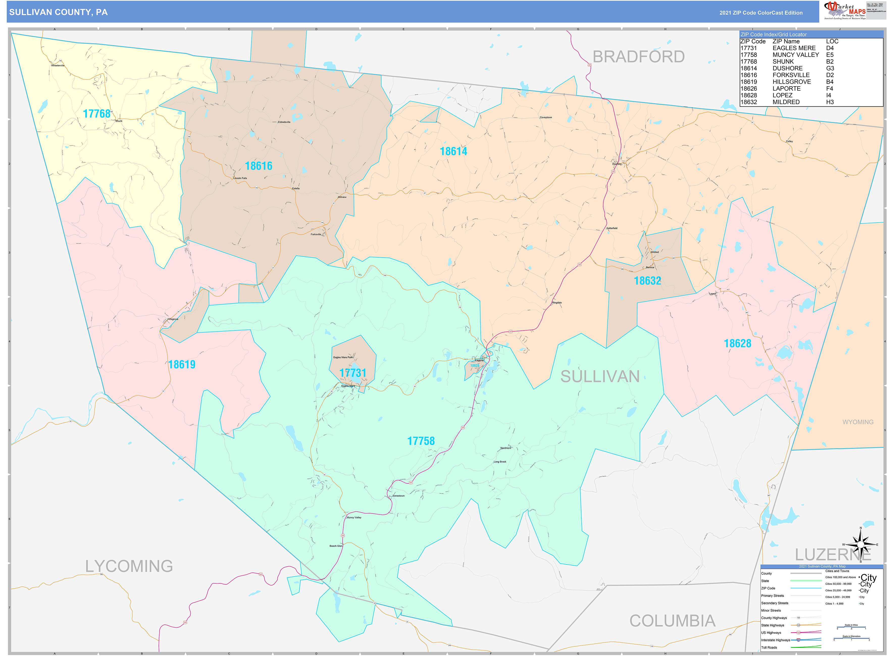 Sullivan County, PA Wall Map Color Cast Style by MarketMAPS MapSales