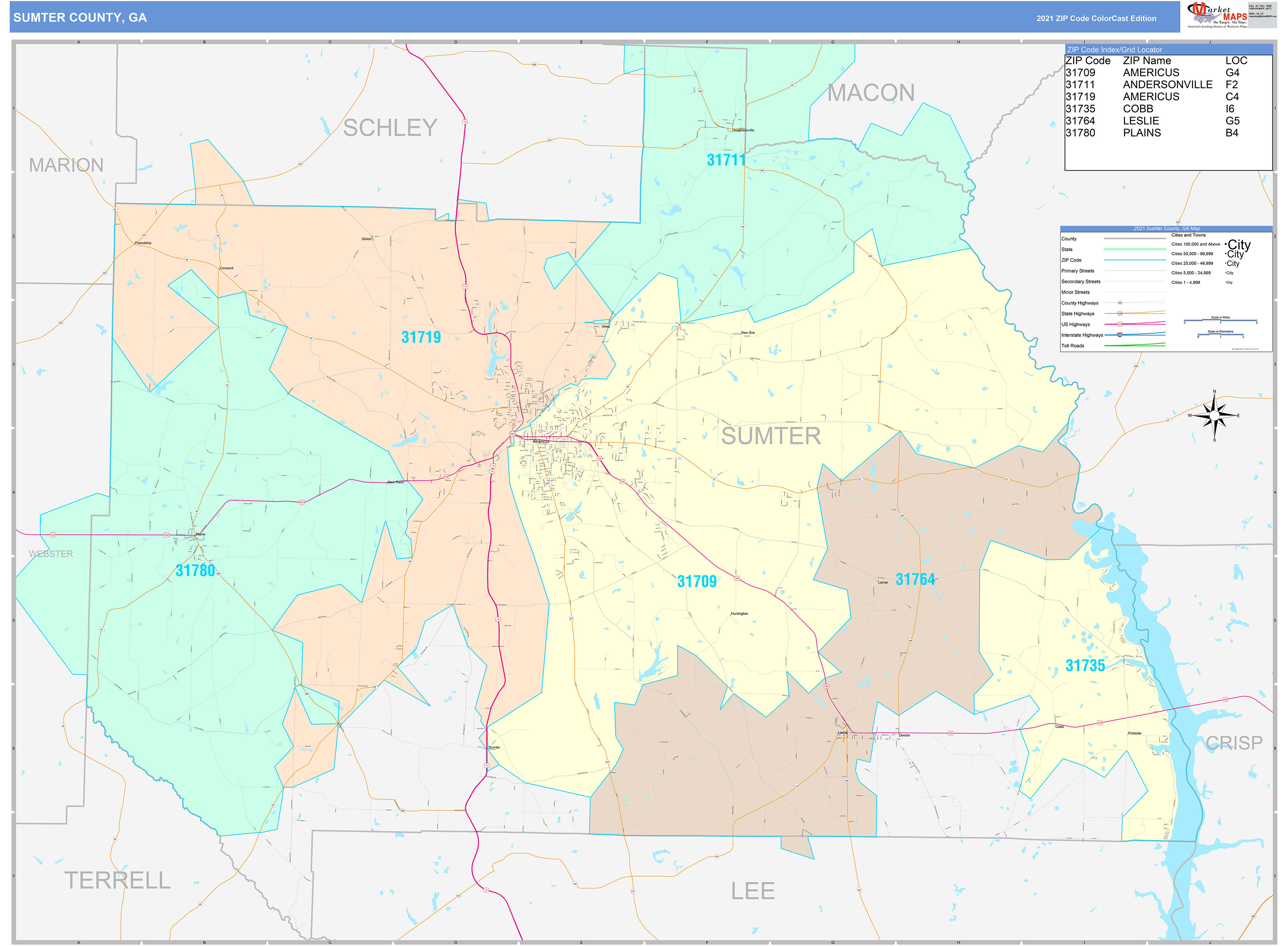 Sumter County Ga Wall Map Color Cast Style By Marketmaps 0790