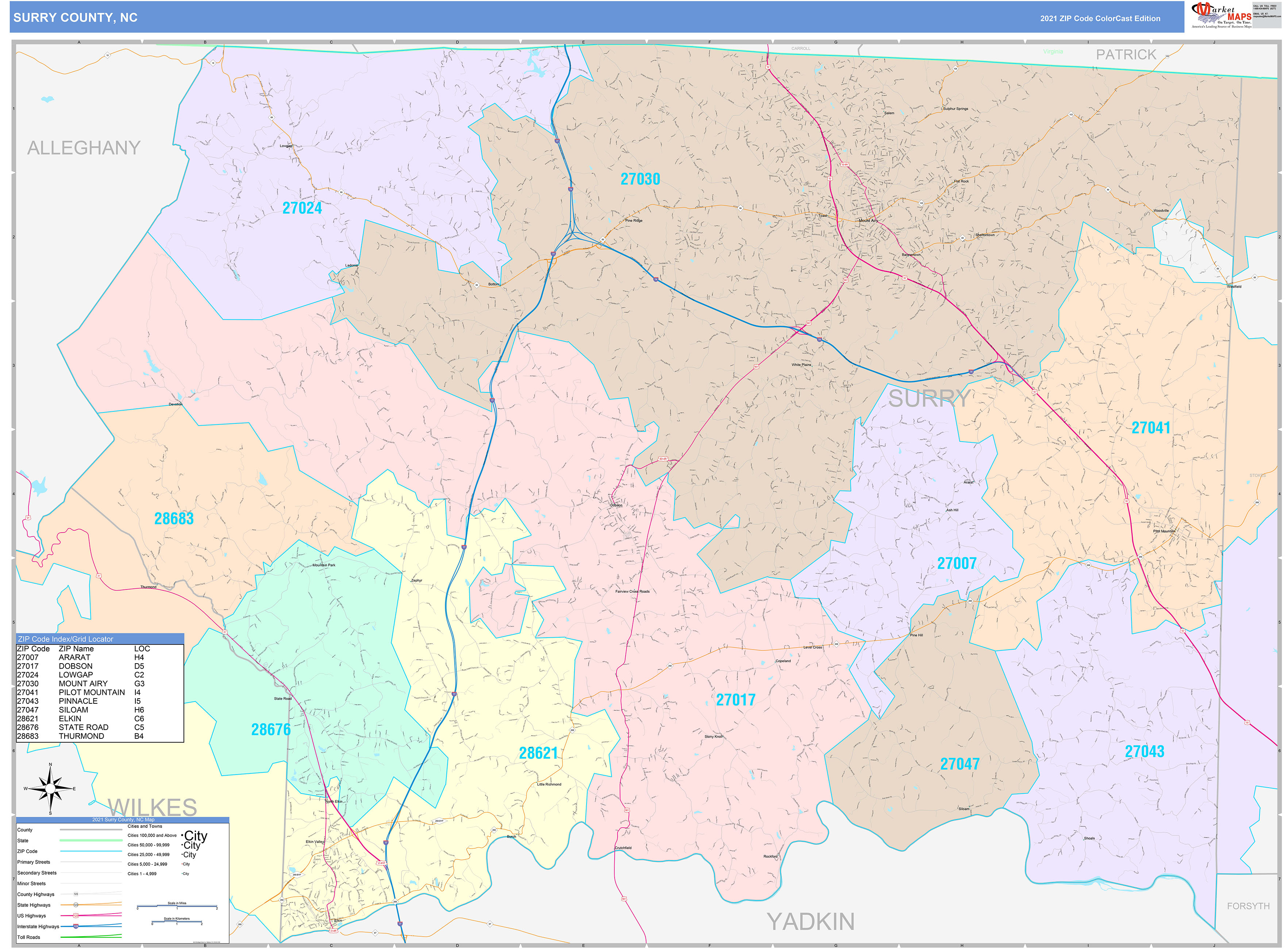Surry County, NC Wall Map Color Cast Style by MarketMAPS MapSales