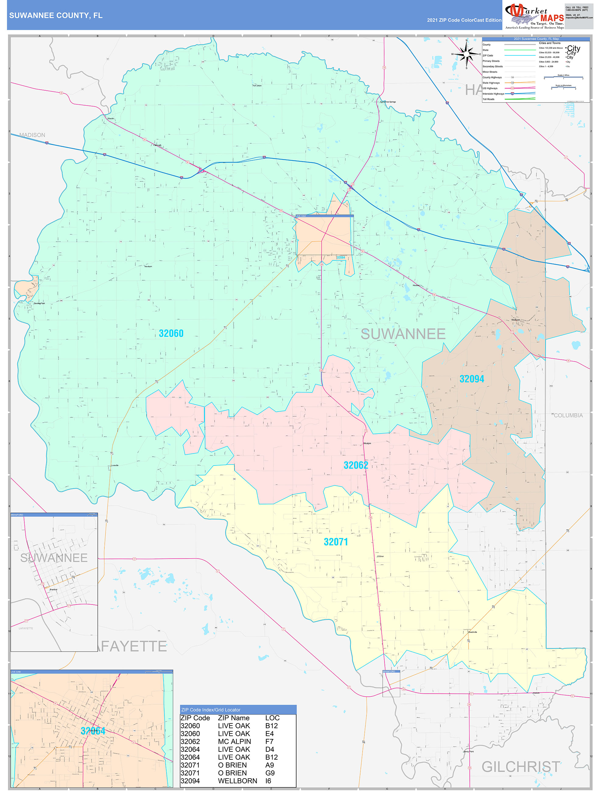 Suwannee County, FL Wall Map Color Cast Style by MarketMAPS - MapSales.com