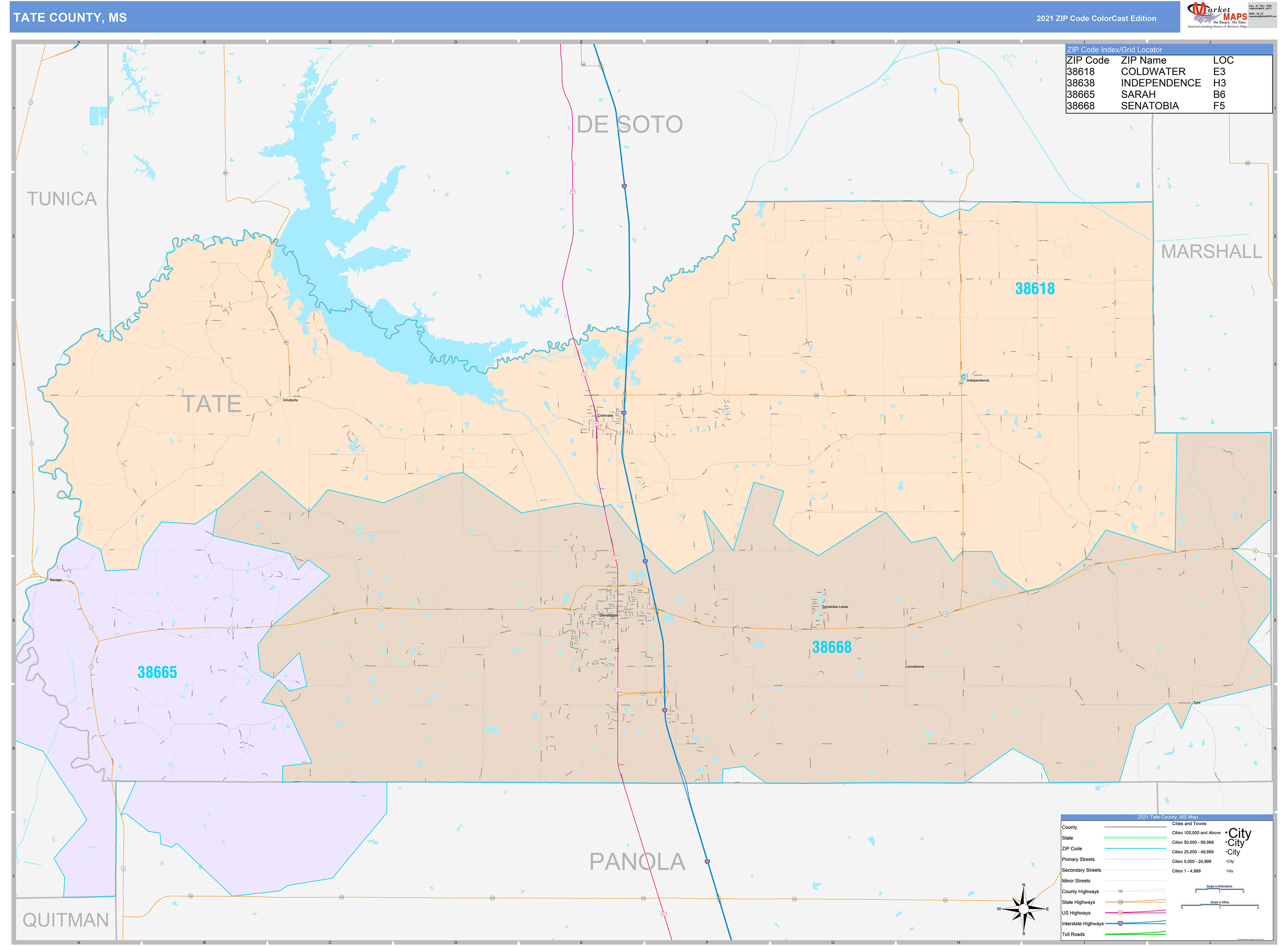 Tate County MS Wall Map Color Cast Style by MarketMAPS