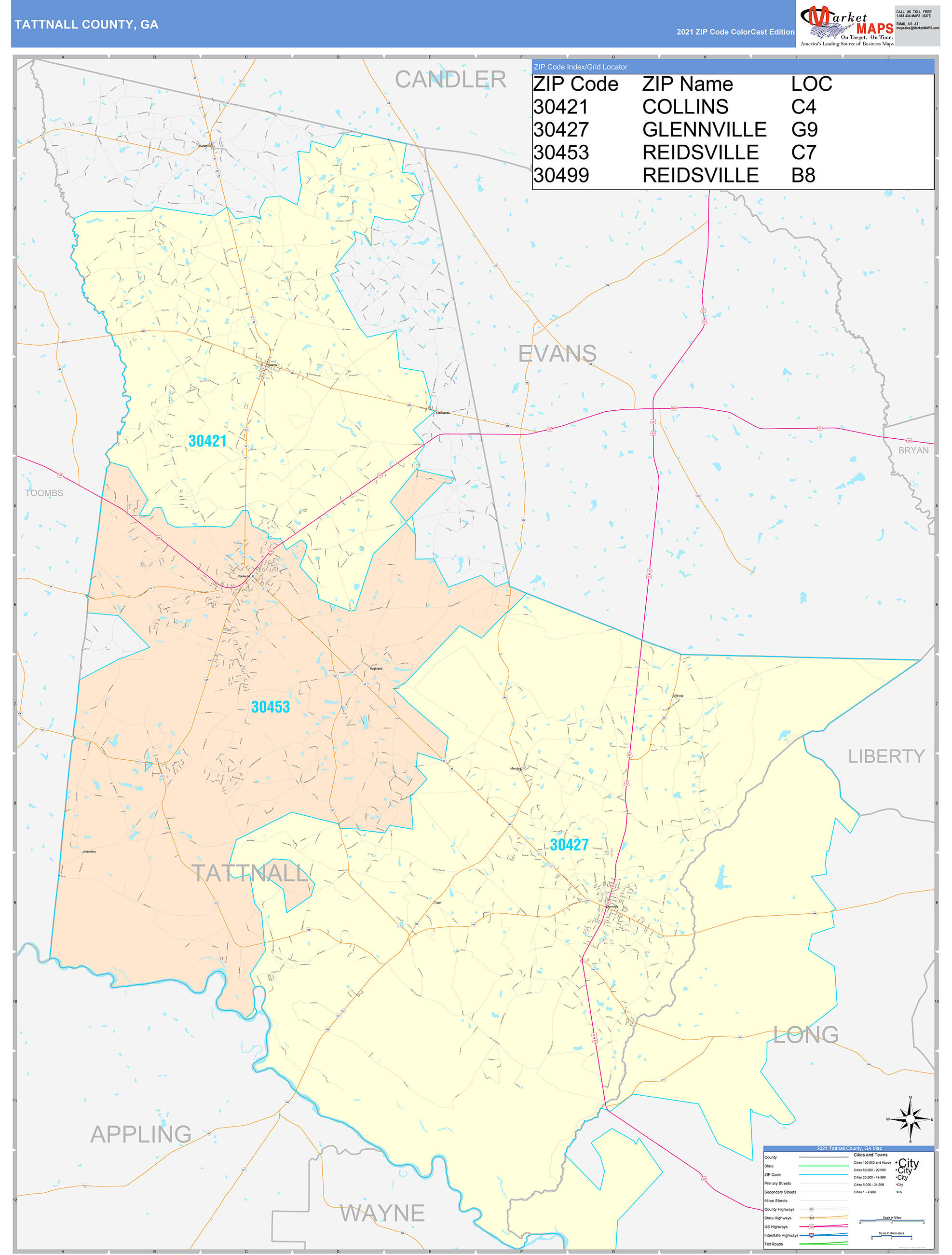 Tattnall County, GA Wall Map Color Cast Style by MarketMAPS - MapSales