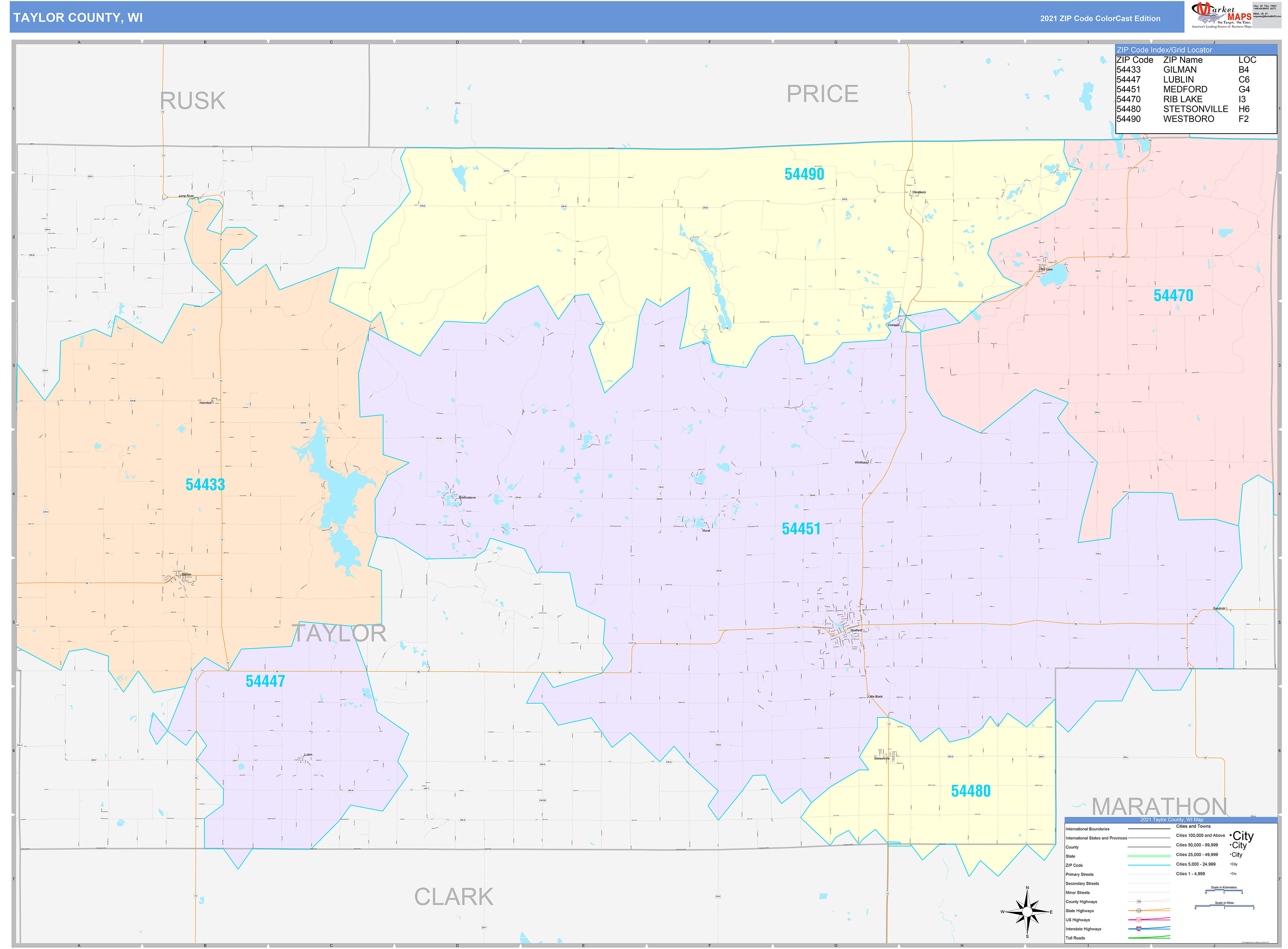 Taylor County WI Wall Map Color Cast Style by MarketMAPS