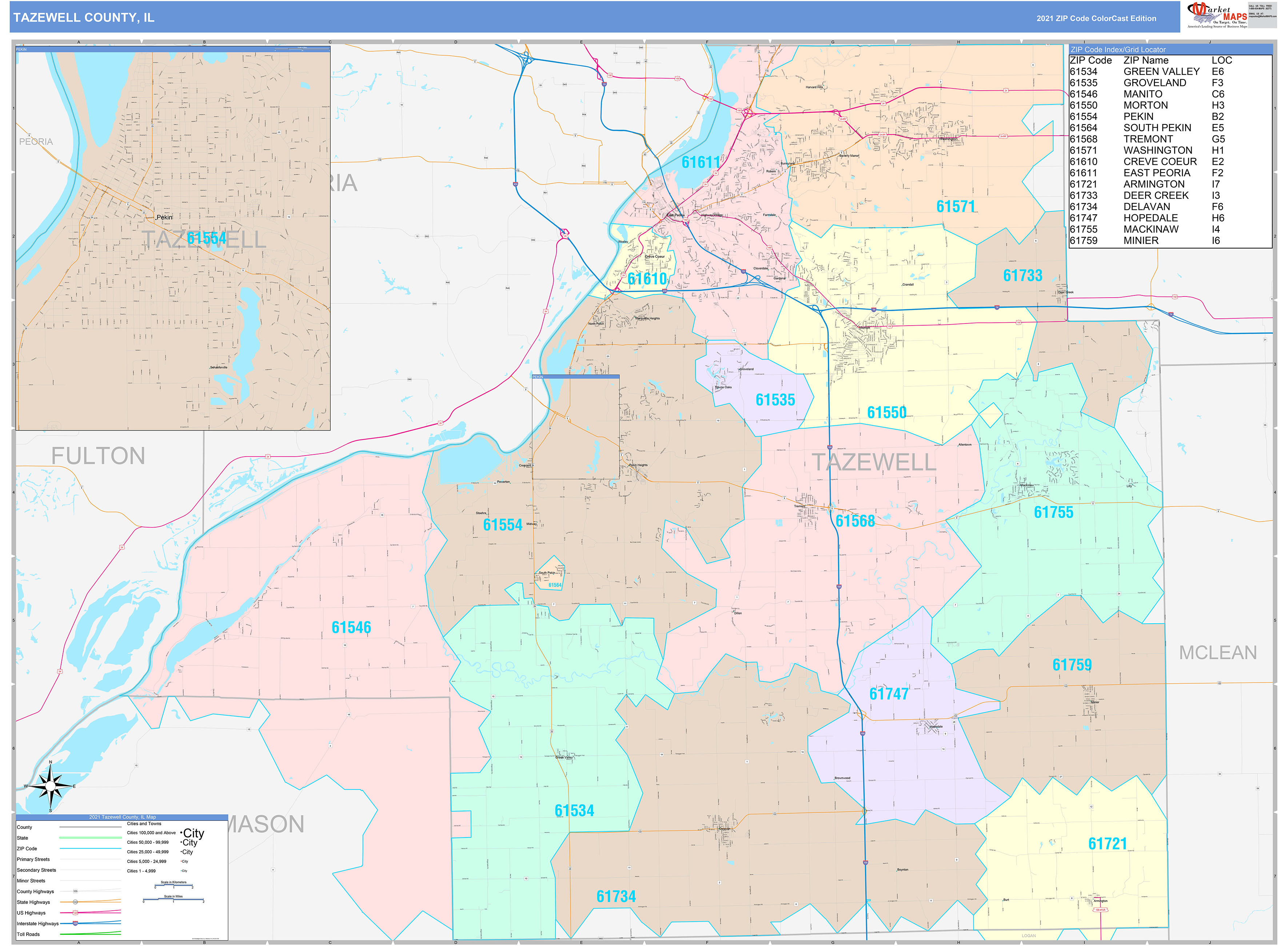 Tazewell County IL Wall Map Color Cast Style by MarketMAPS MapSales
