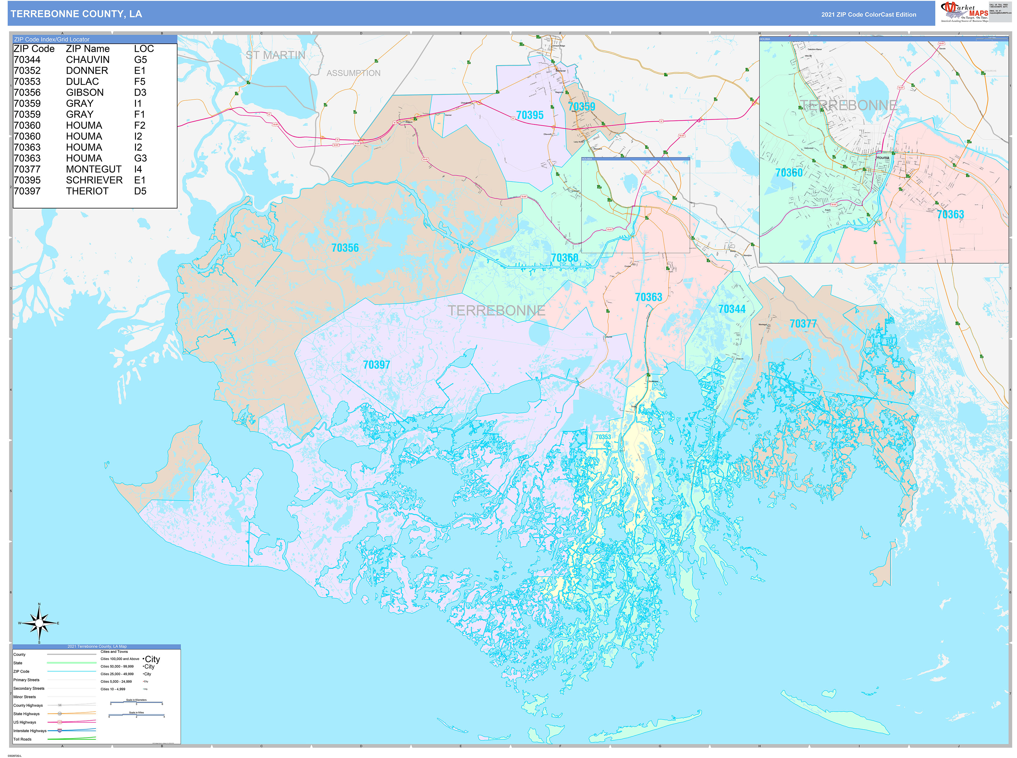 Terrebonne County, LA Wall Map Color Cast Style by MarketMAPS ...