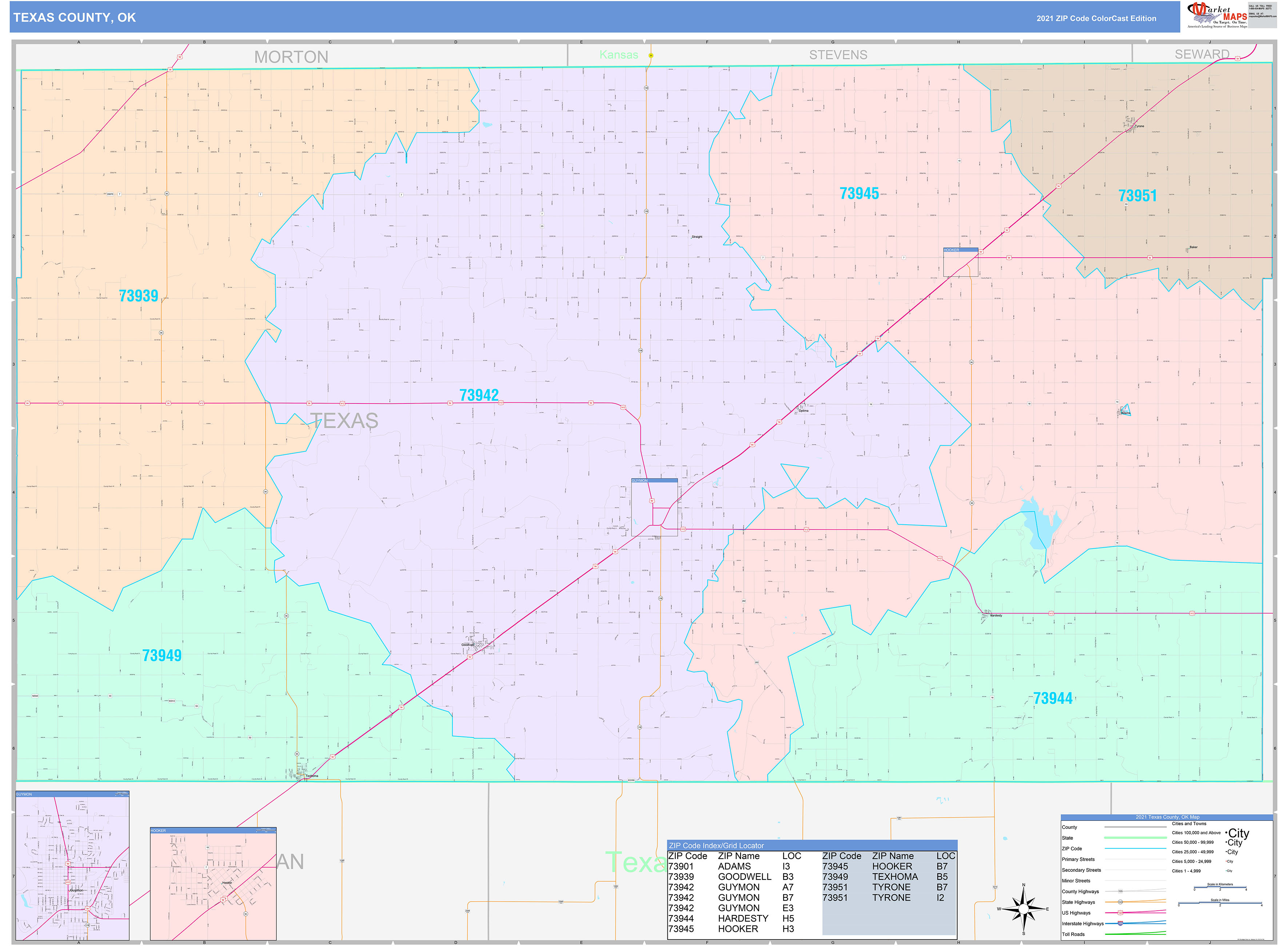 Texas County, OK Wall Map Color Cast Style by MarketMAPS