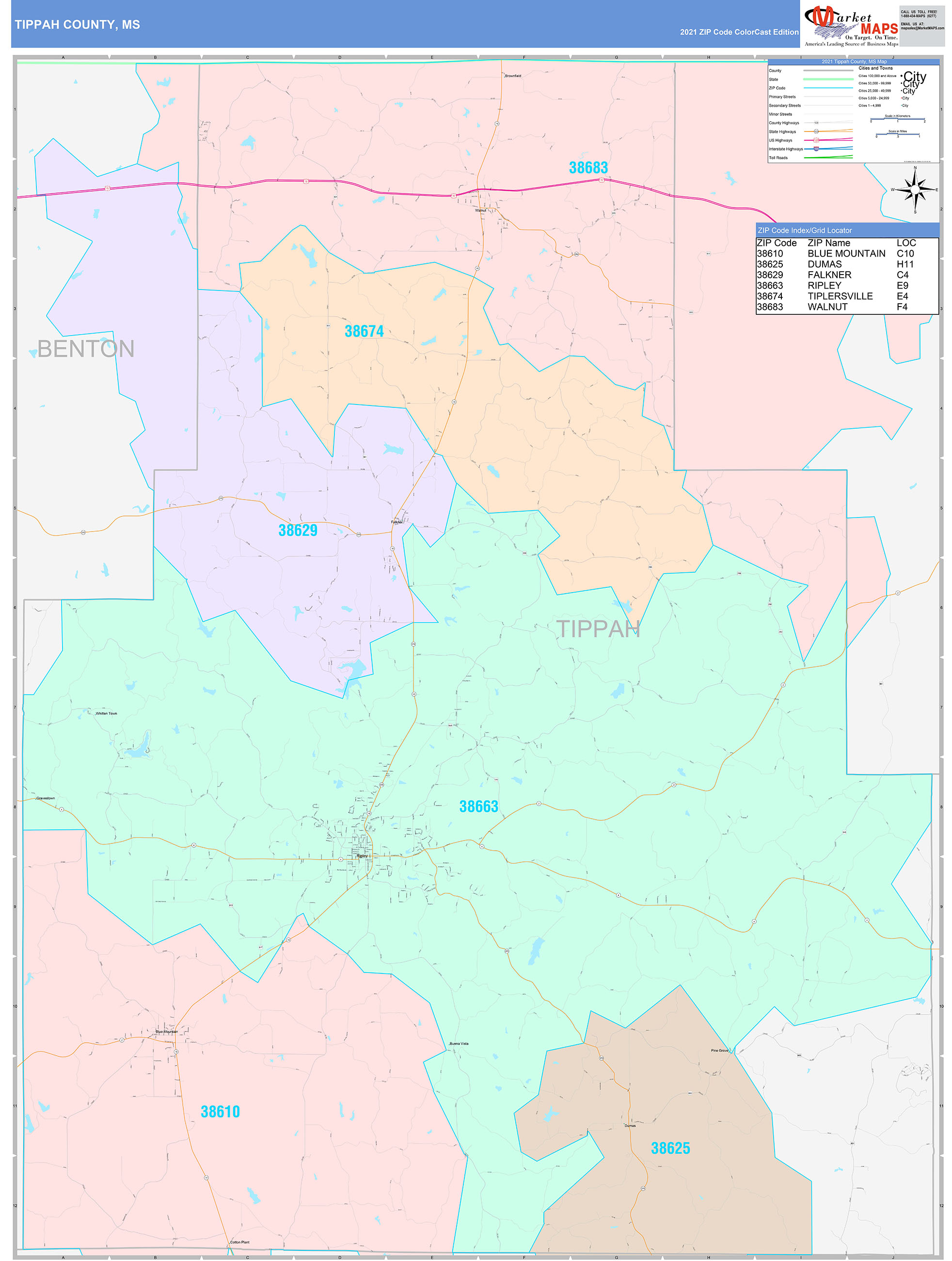 Tippah County, MS Wall Map Color Cast Style by MarketMAPS