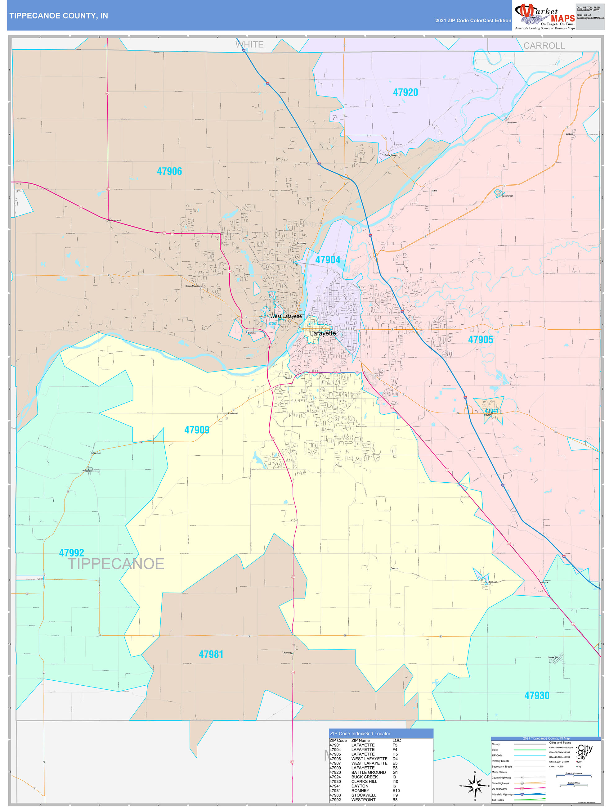 Tippecanoe County, IN Wall Map Color Cast Style by MarketMAPS ...