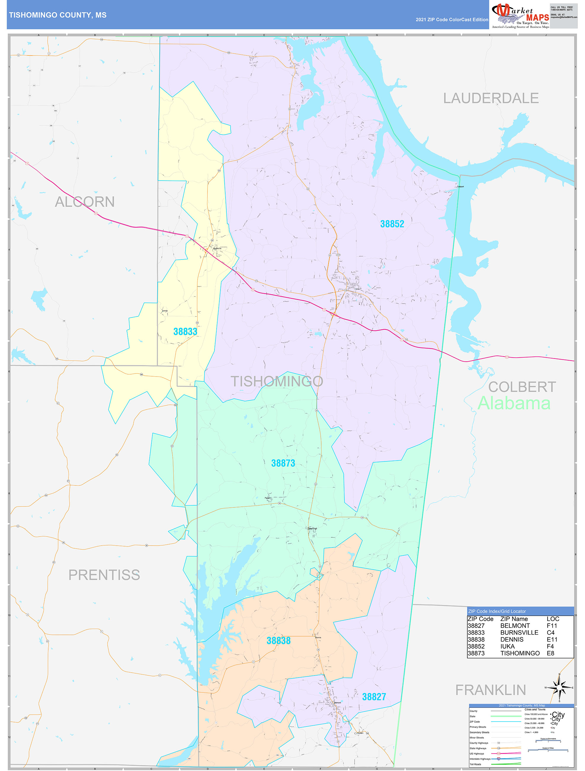 Tishomingo County, MS Wall Map Color Cast Style by MarketMAPS MapSales