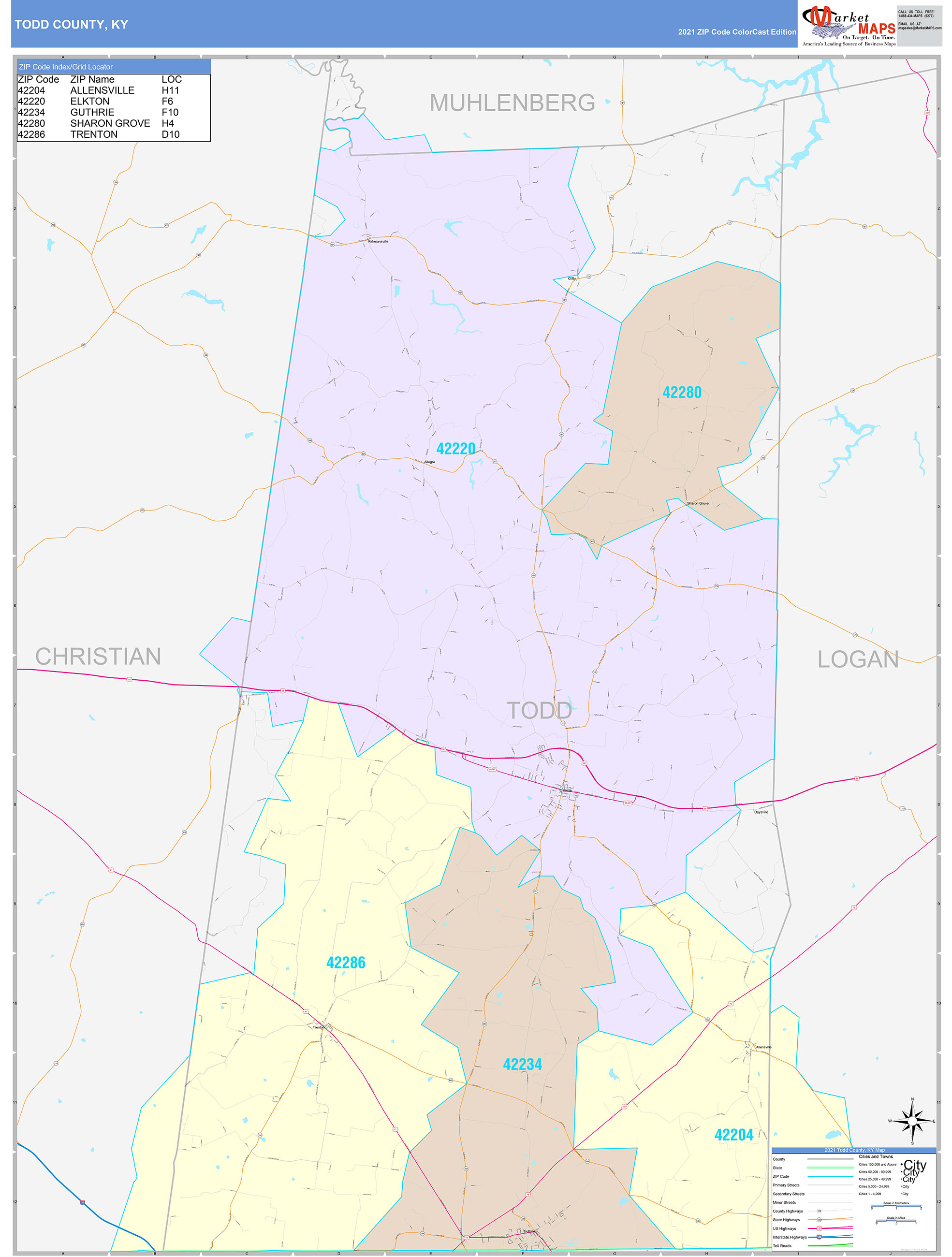 Todd County, KY Wall Map Color Cast Style by MarketMAPS