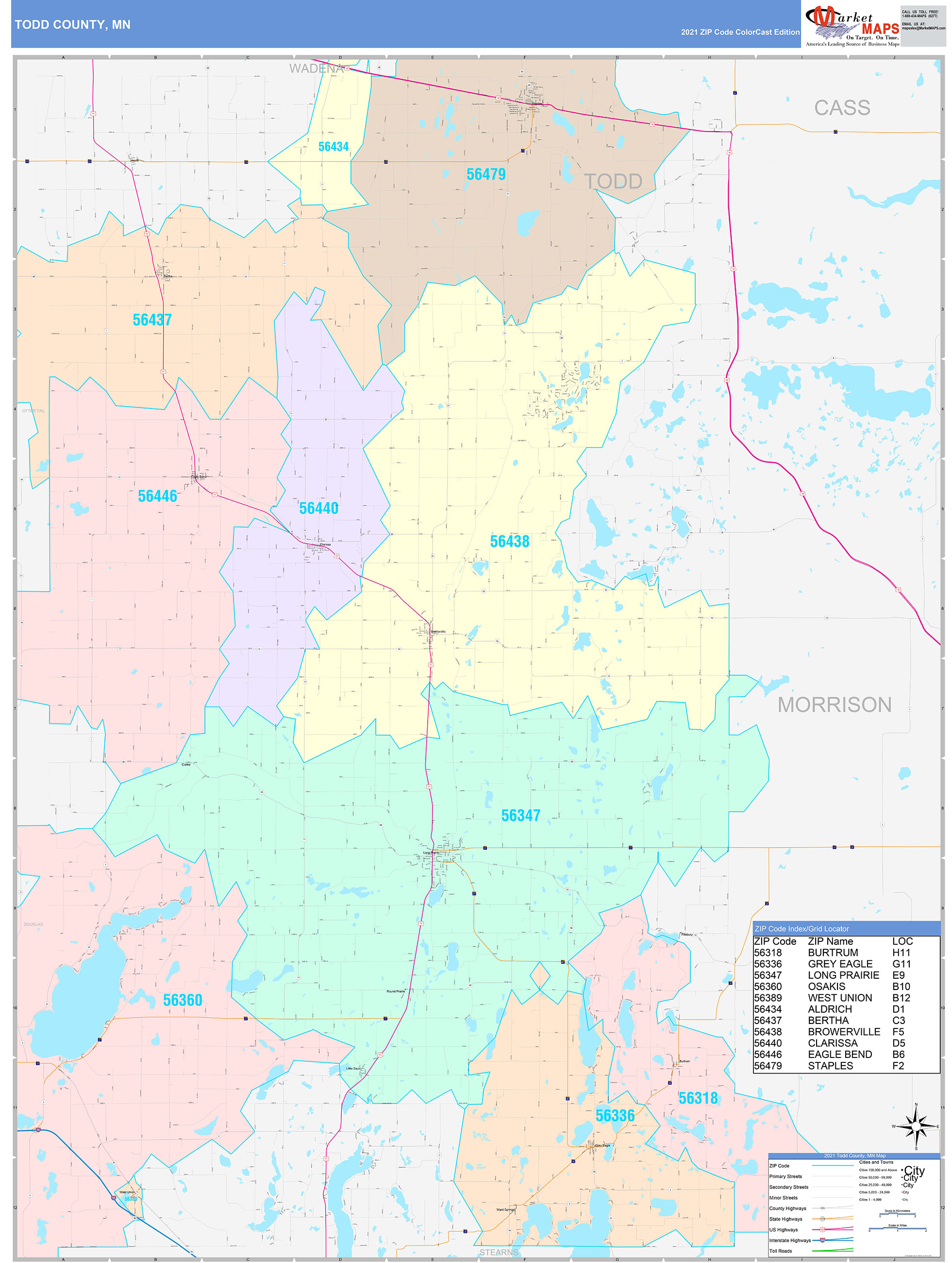 Todd County, MN Wall Map Color Cast Style by MarketMAPS MapSales