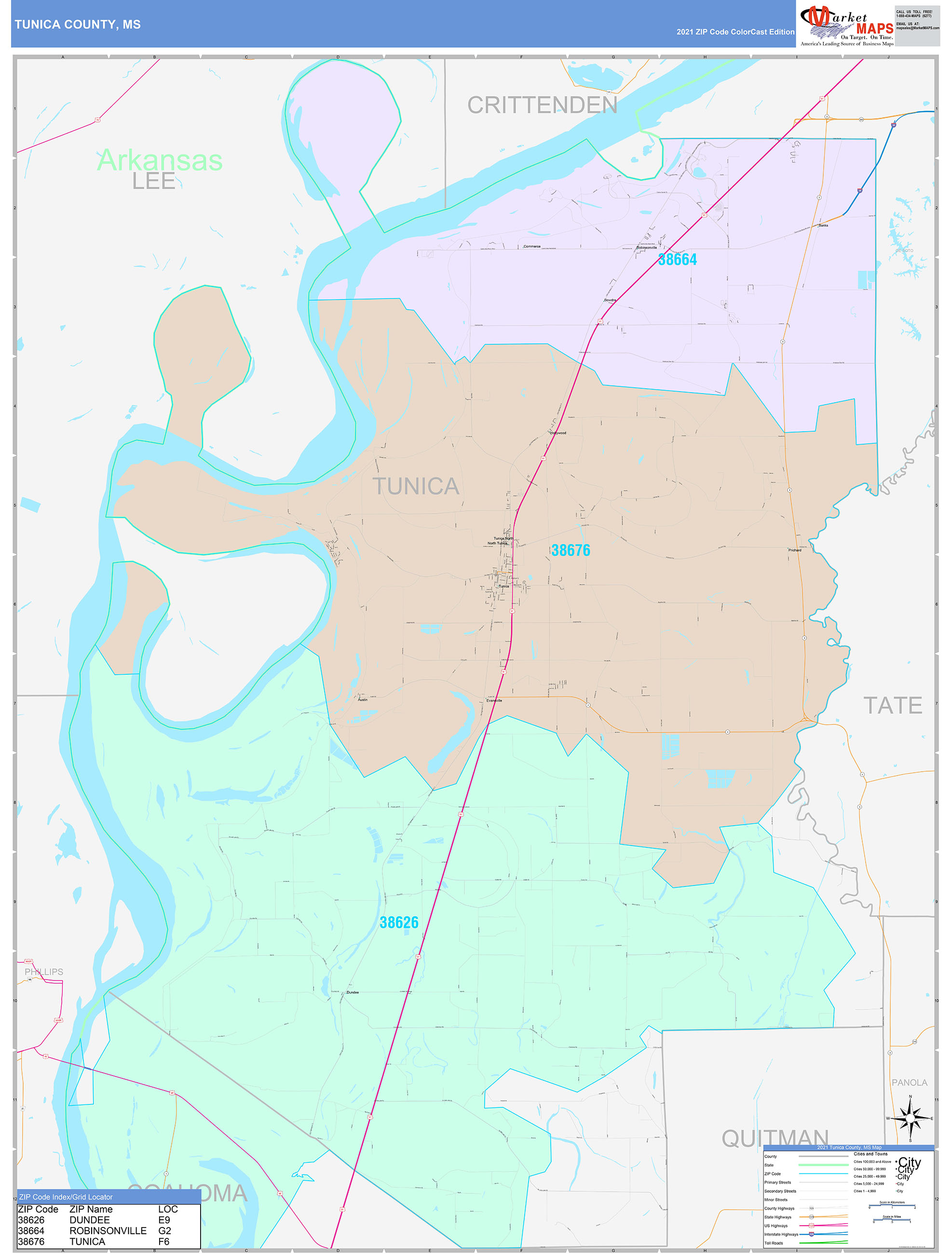 Tunica County, MS Wall Map Color Cast Style by MarketMAPS