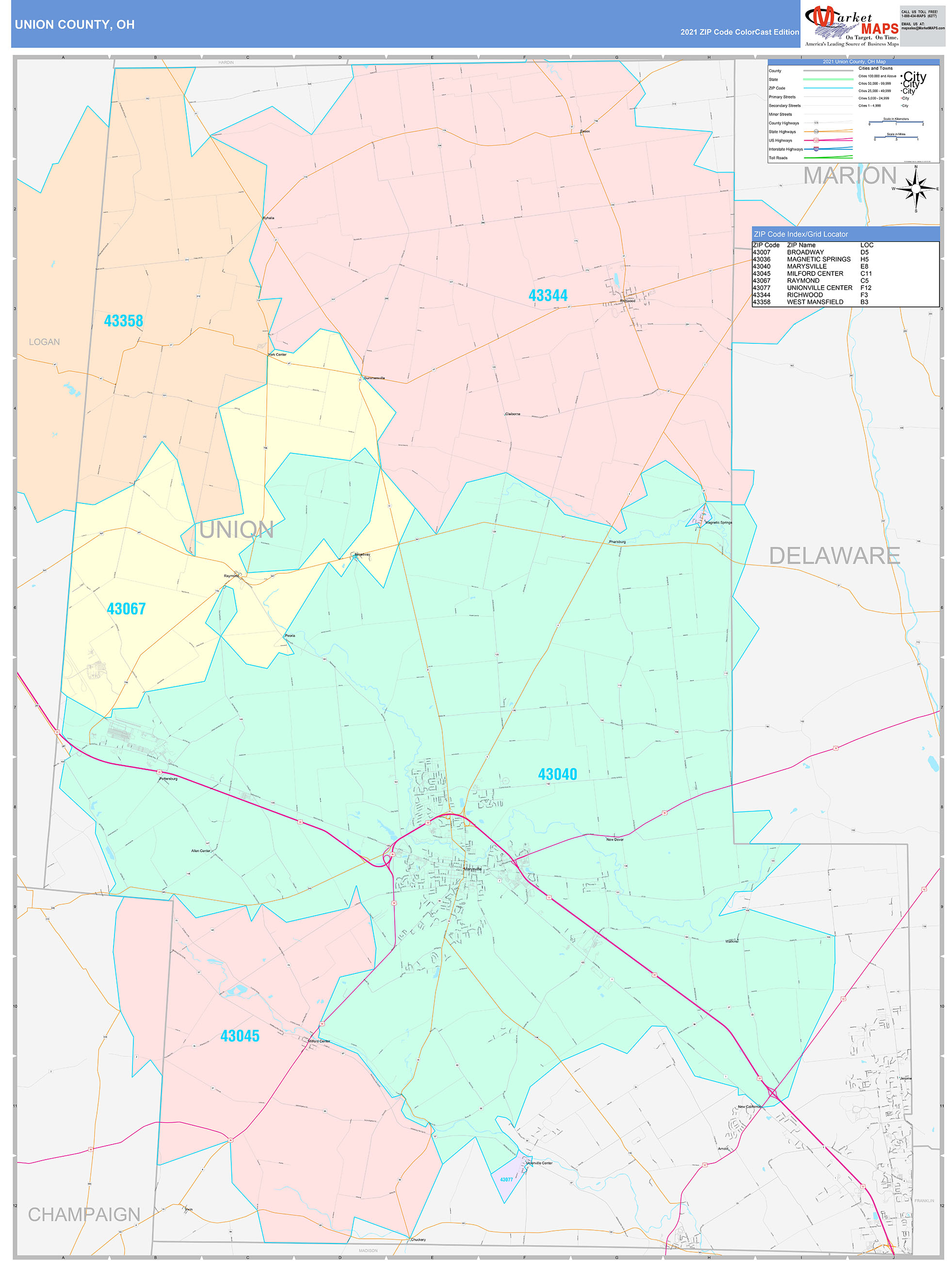 Union County, OH Wall Map Color Cast Style by MarketMAPS - MapSales