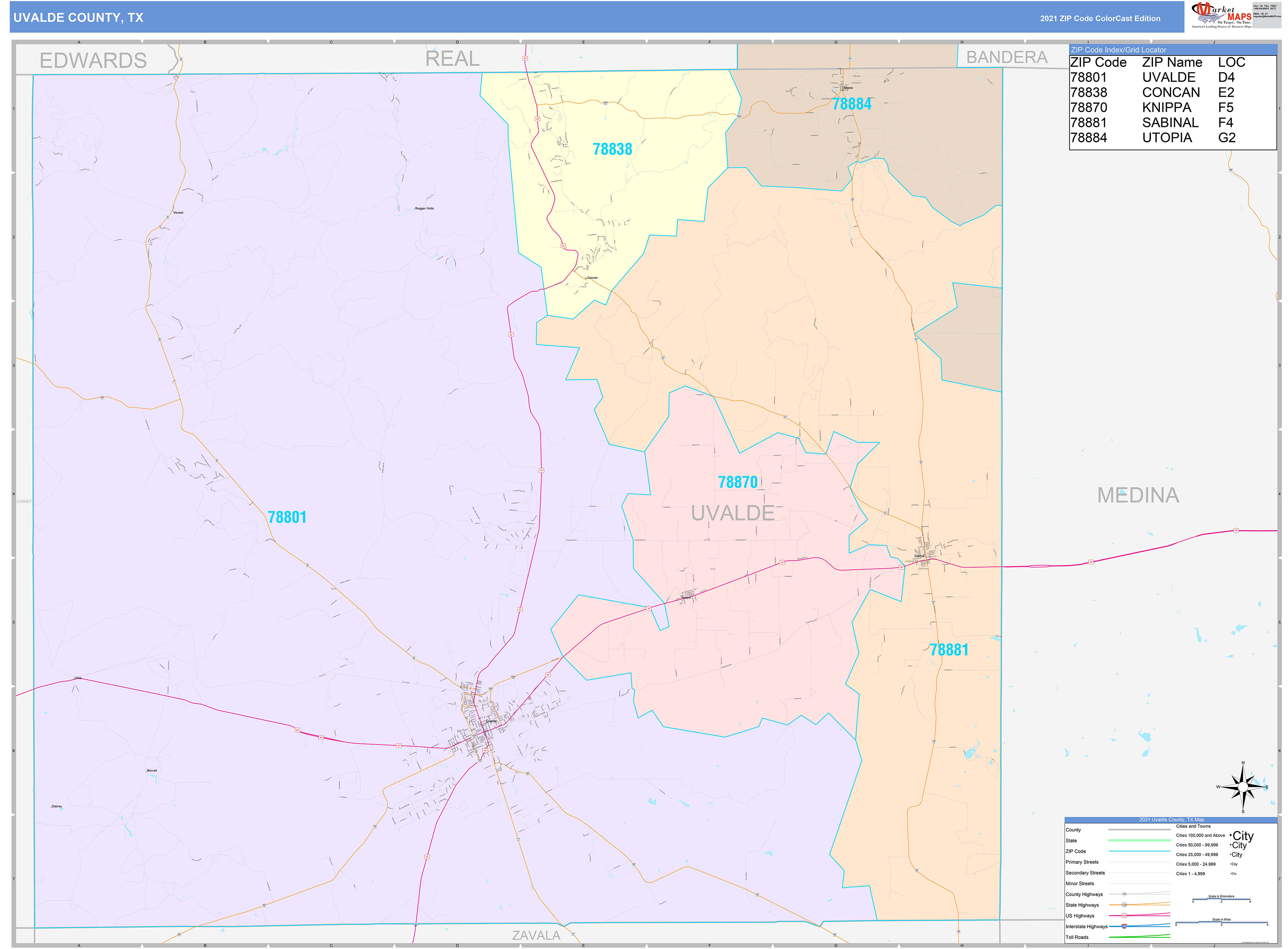 Uvalde County, TX Wall Map Color Cast Style by MarketMAPS