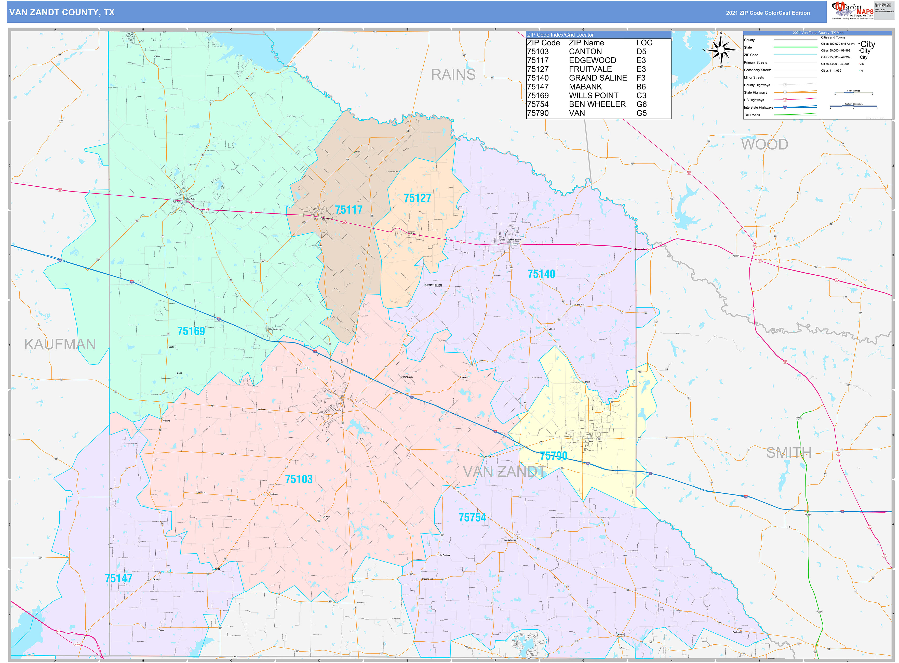 Van Zandt County, TX Wall Map Color Cast Style by MarketMAPS MapSales