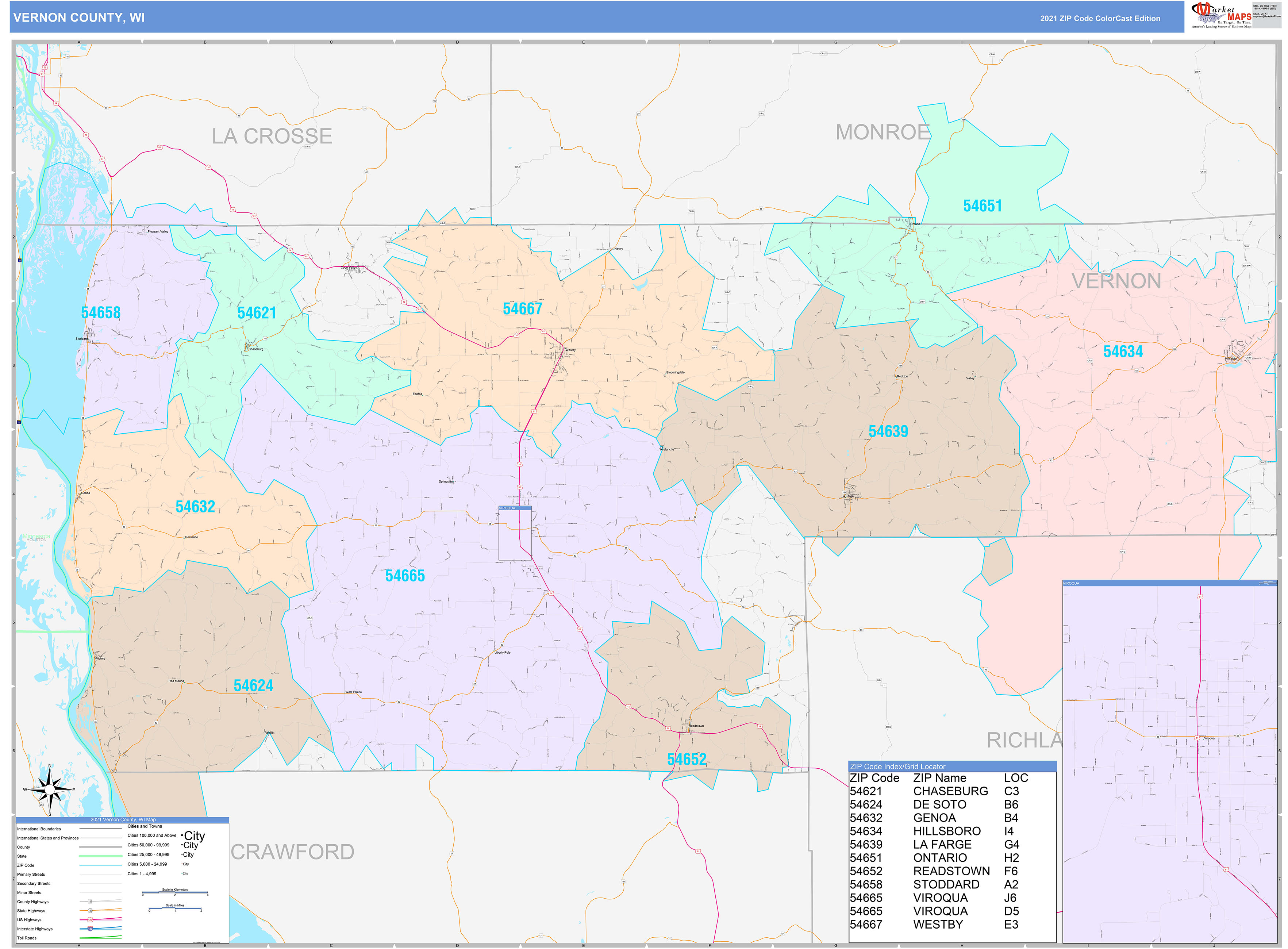 Vernon County, WI Wall Map Color Cast Style by MarketMAPS - MapSales.com