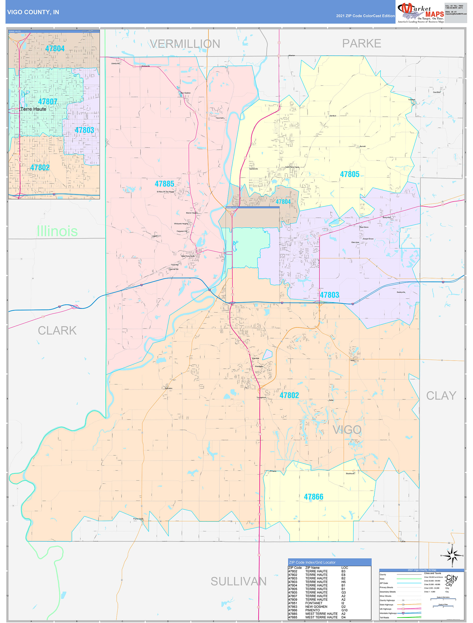 Vigo County, IN Wall Map Color Cast Style by MarketMAPS