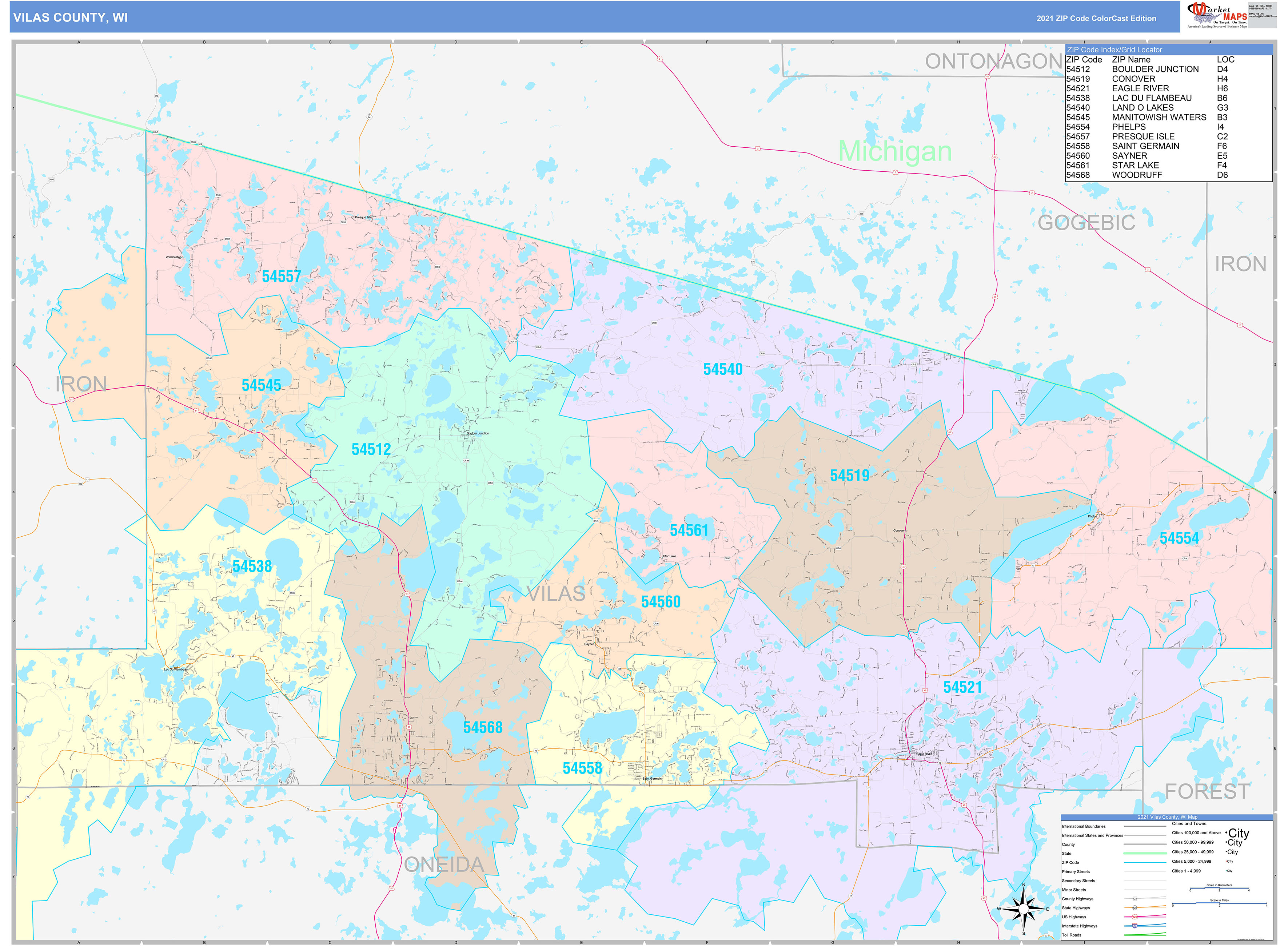 Vilas County Wi Wall Map Color Cast Style By Marketmaps