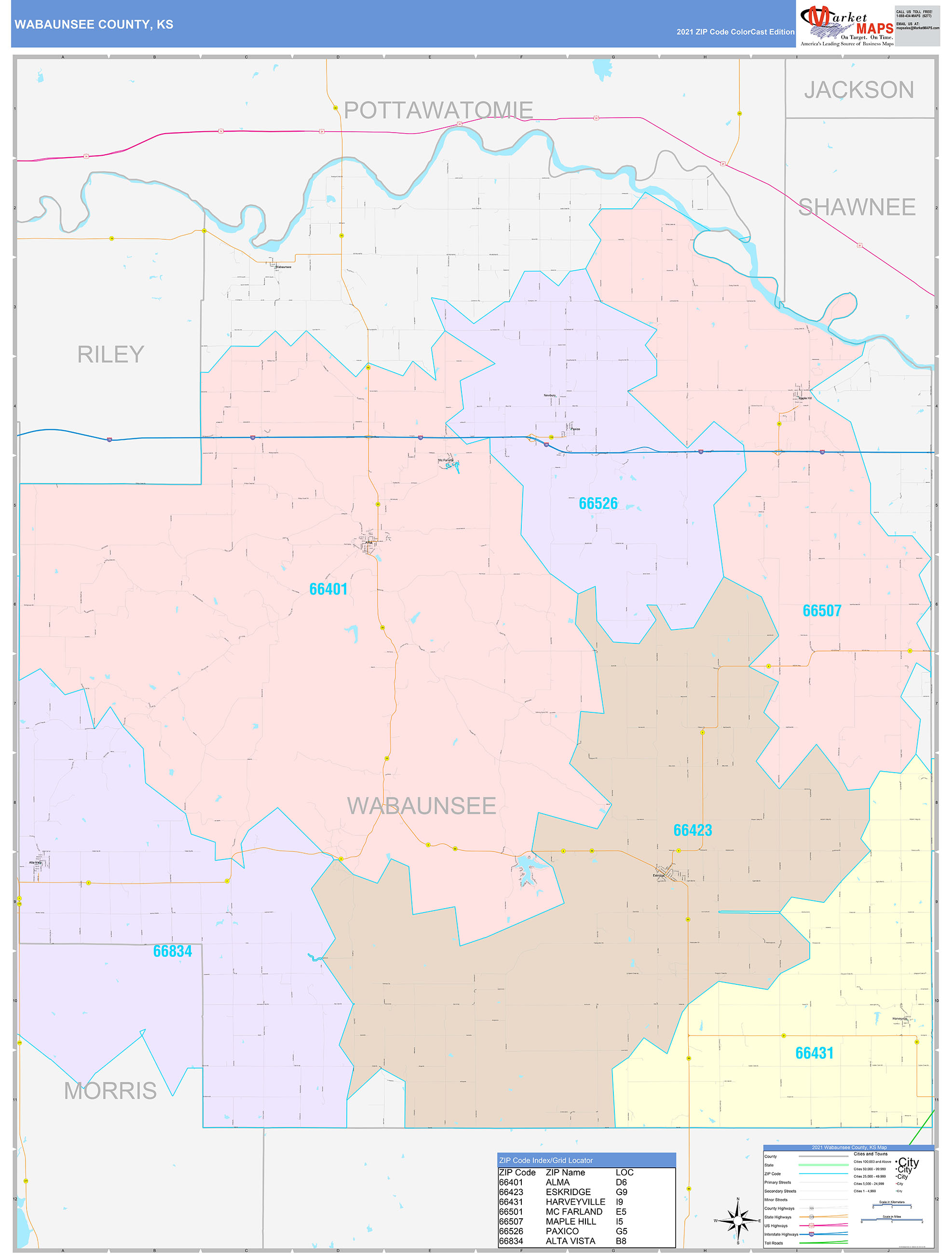 Wabaunsee County, KS Wall Map Color Cast Style by MarketMAPS - MapSales.com