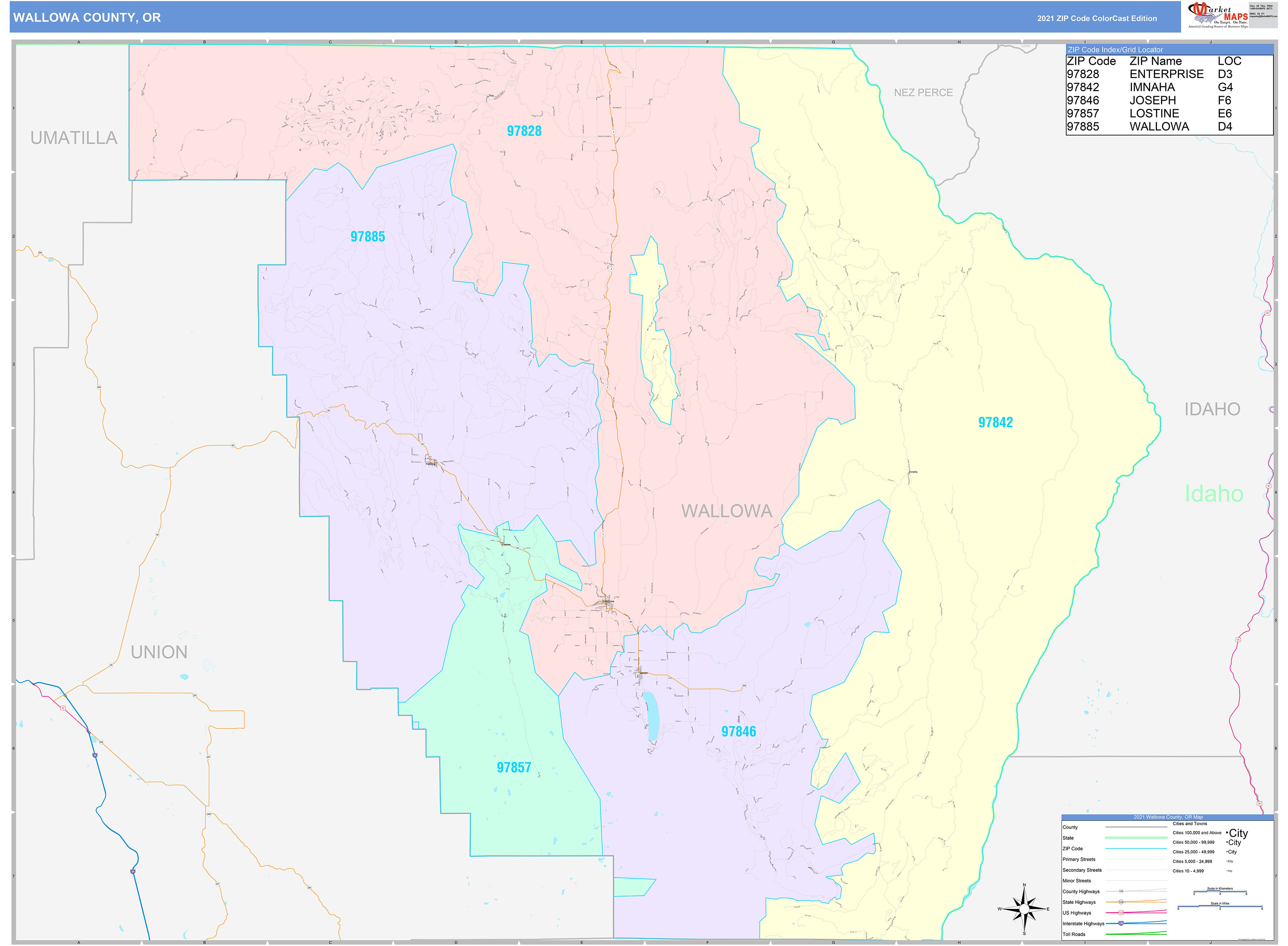 Wallowa County, OR Wall Map Color Cast Style by MarketMAPS