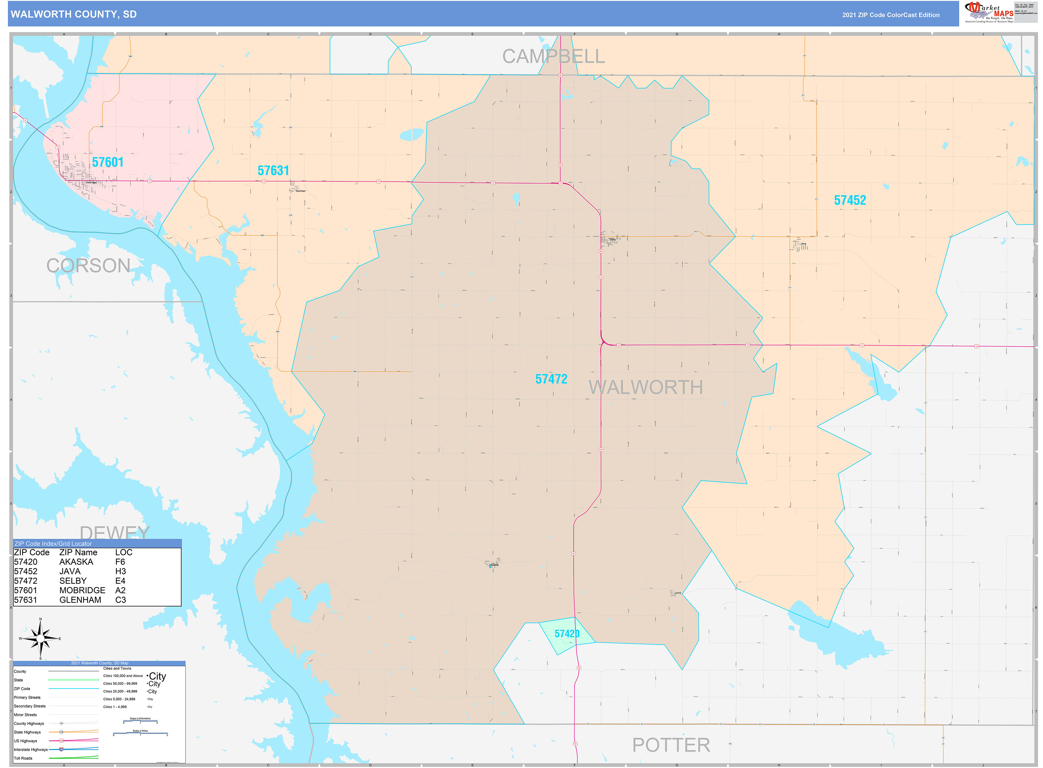 Walworth County, SD Wall Map Color Cast Style by MarketMAPS