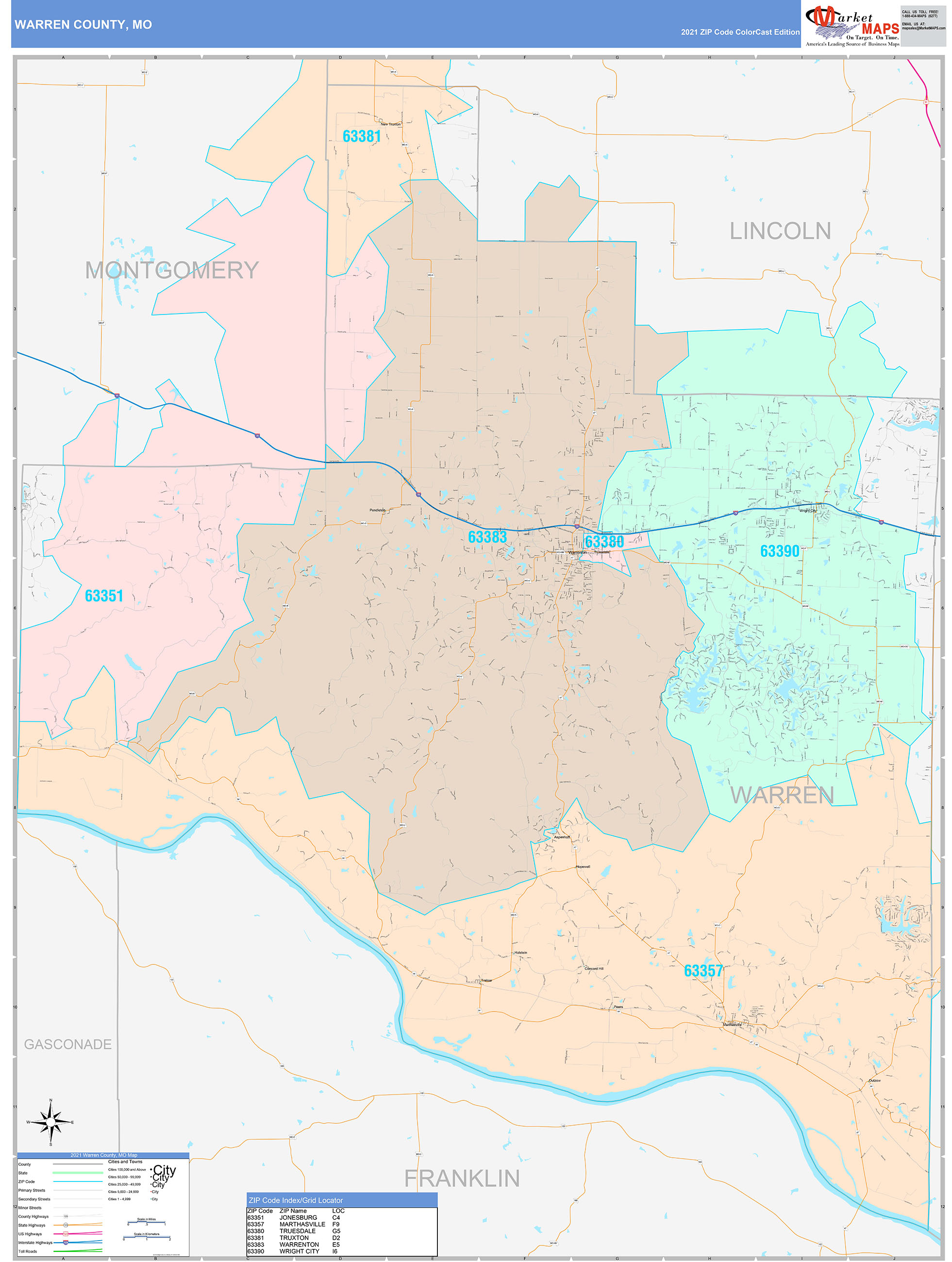 Warren County, MO Wall Map Color Cast Style by MarketMAPS