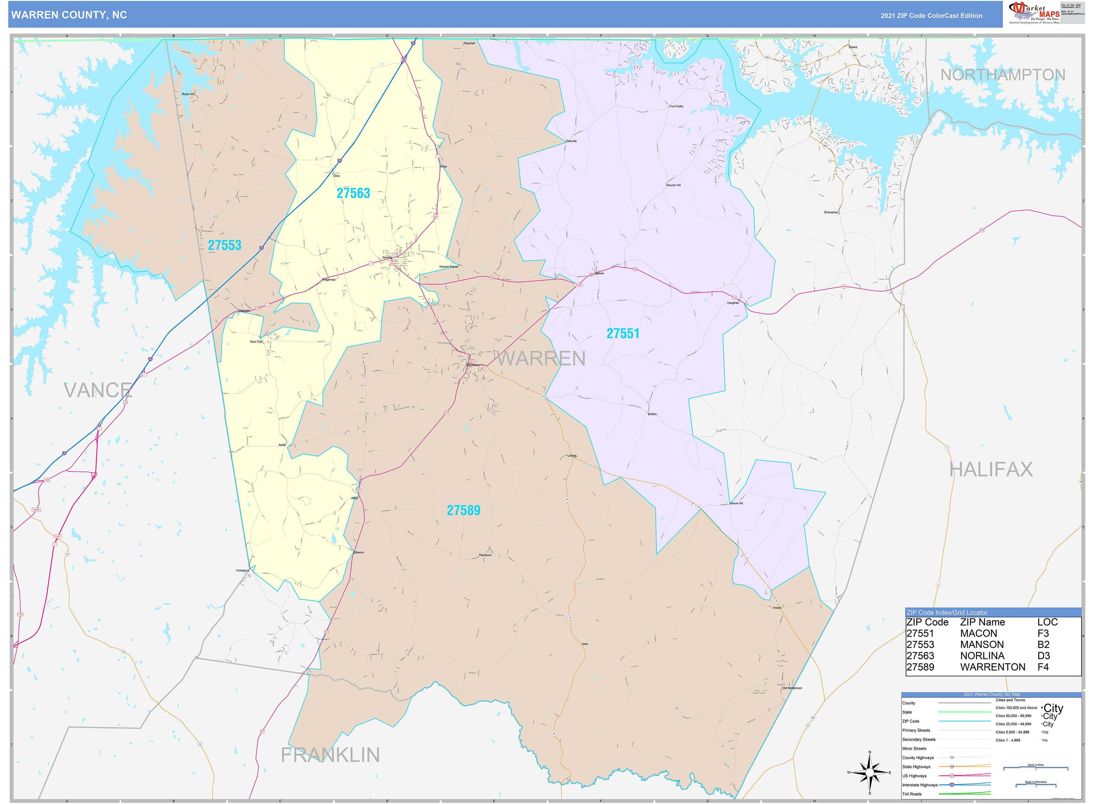 Warren County, NC Wall Map Color Cast Style by MarketMAPS