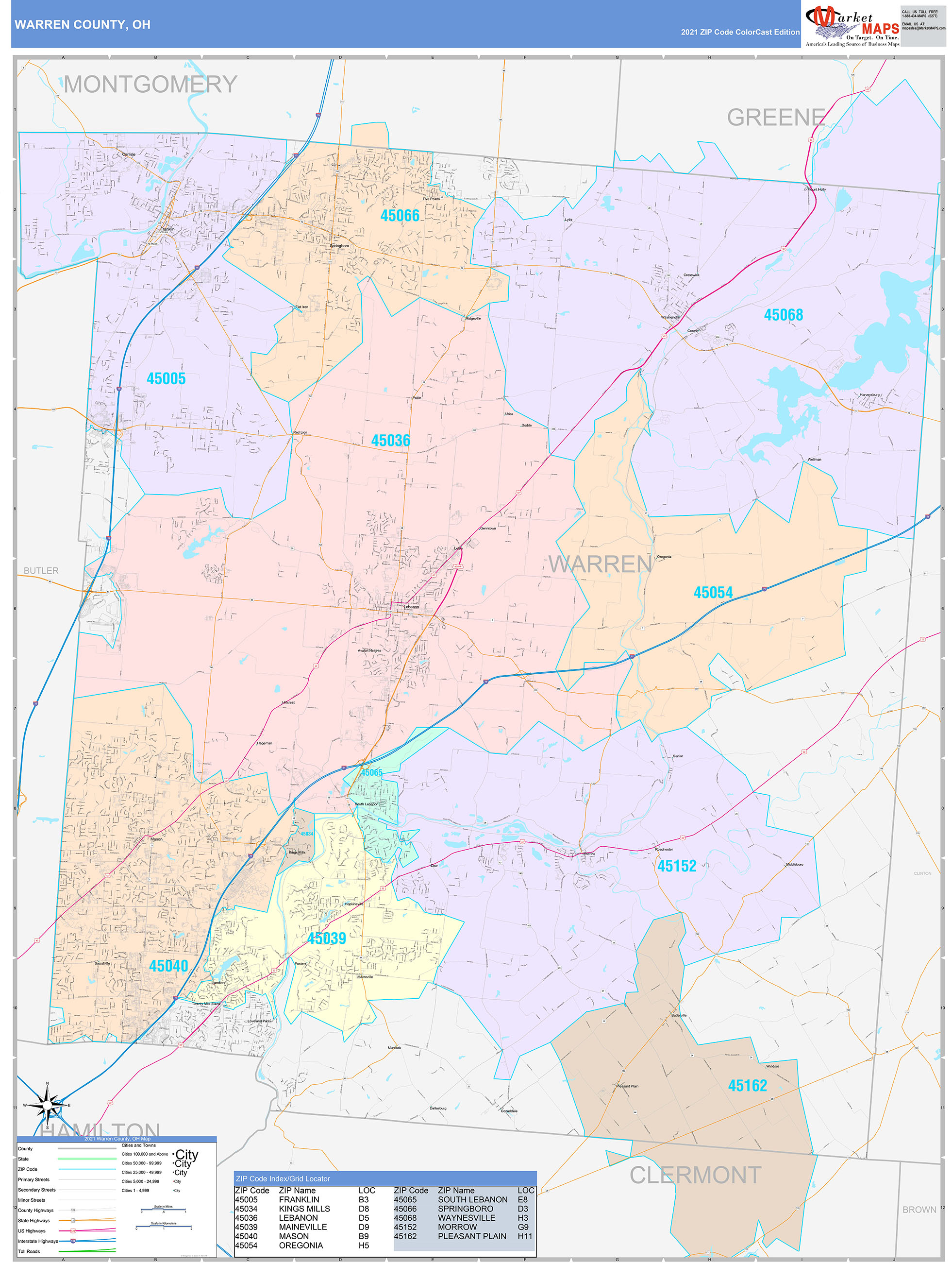 Warren County OH Wall Map Color Cast Style by MarketMAPS MapSales com