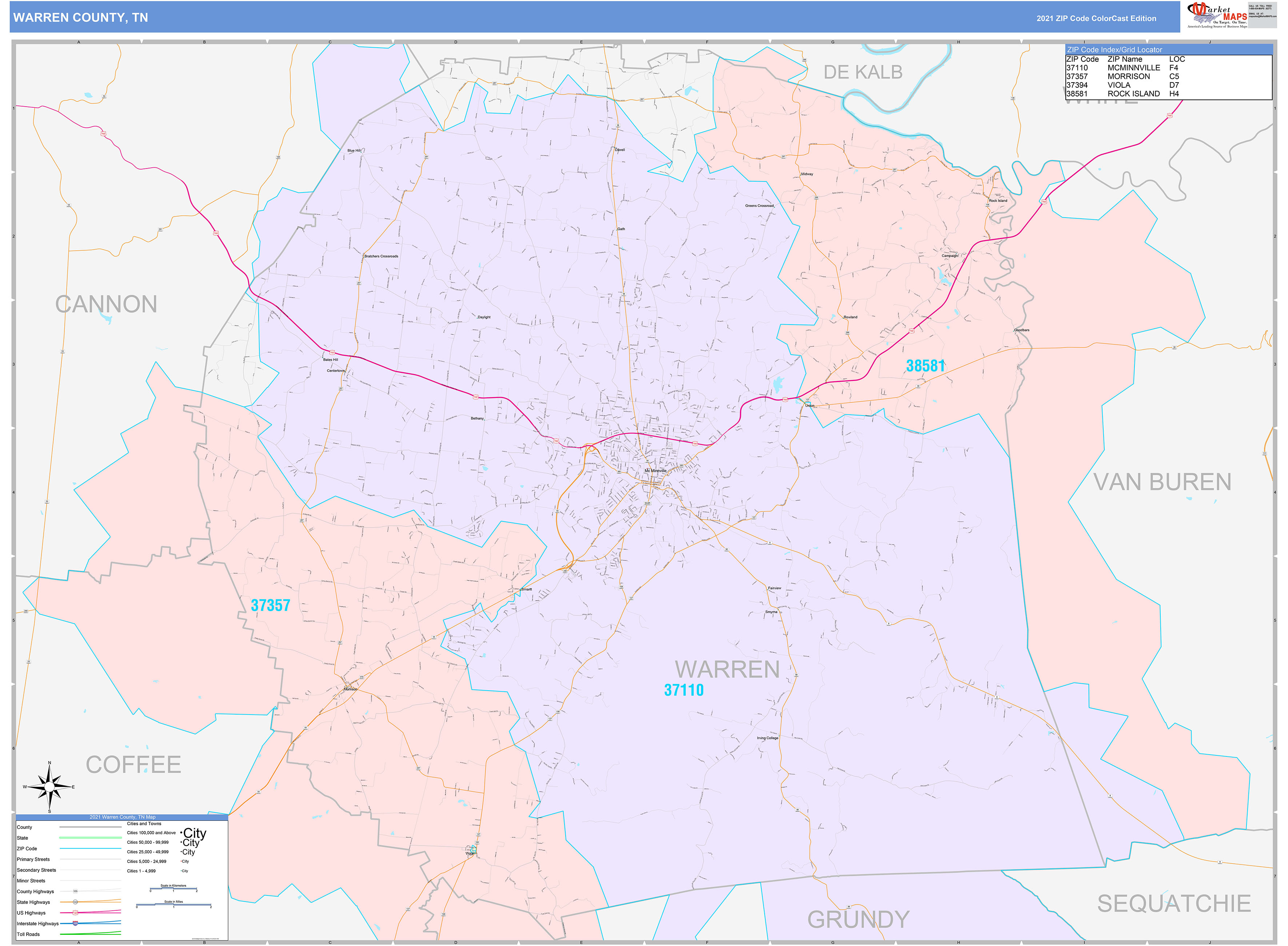 Warren County, TN Wall Map Color Cast Style by MarketMAPS