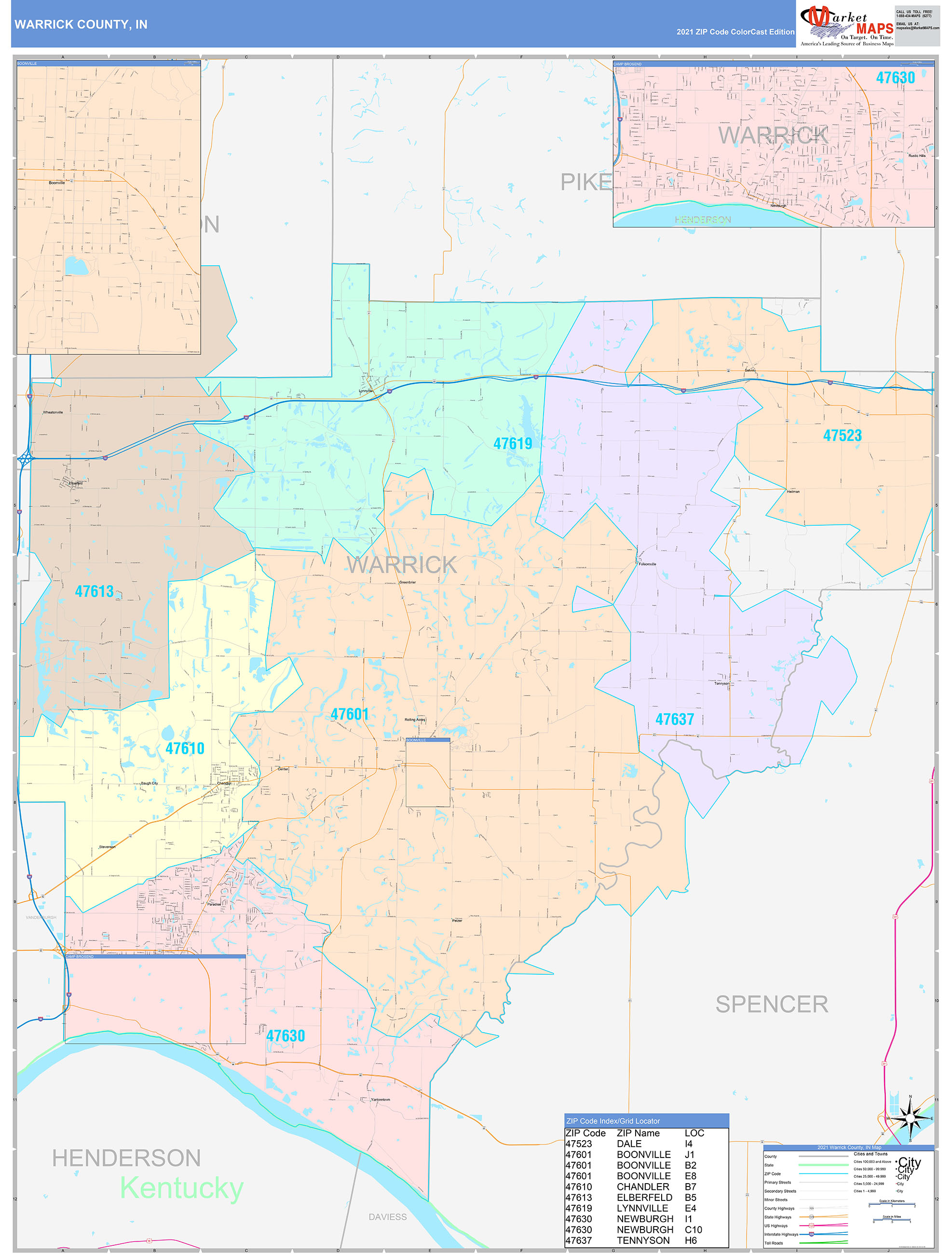 Warrick County, IN Wall Map Color Cast Style by MarketMAPS - MapSales.com