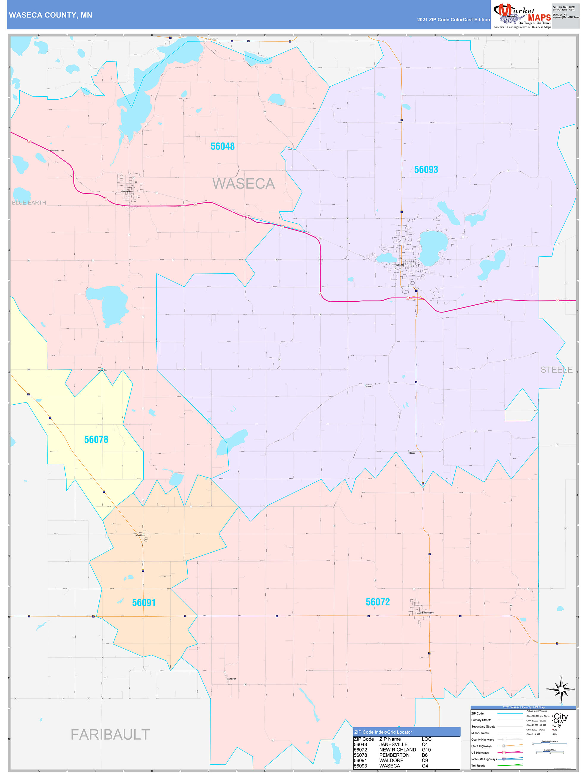 Waseca County, MN Wall Map Color Cast Style by MarketMAPS - MapSales.com