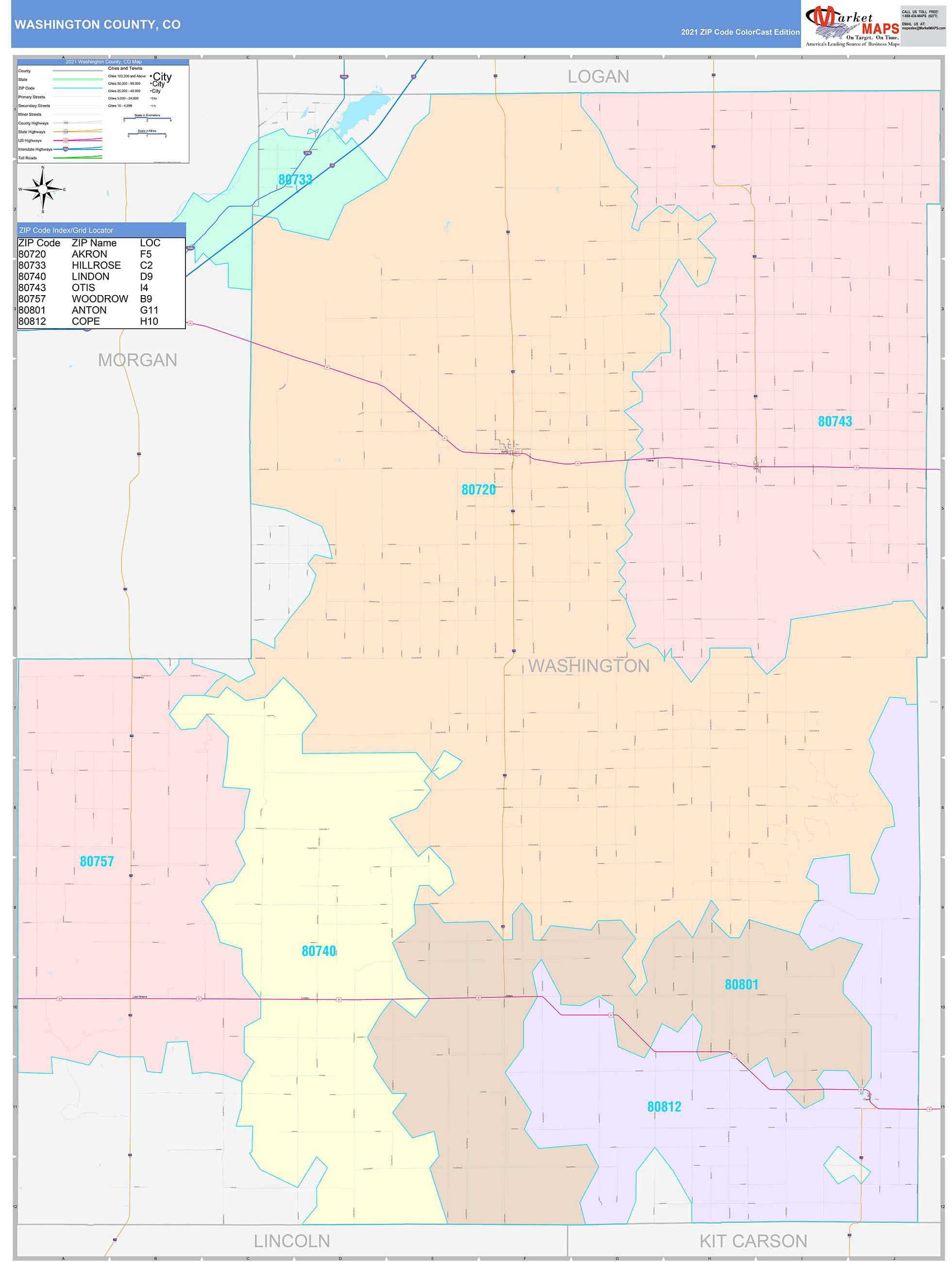 Washington County, CO Wall Map Color Cast Style by MarketMAPS - MapSales