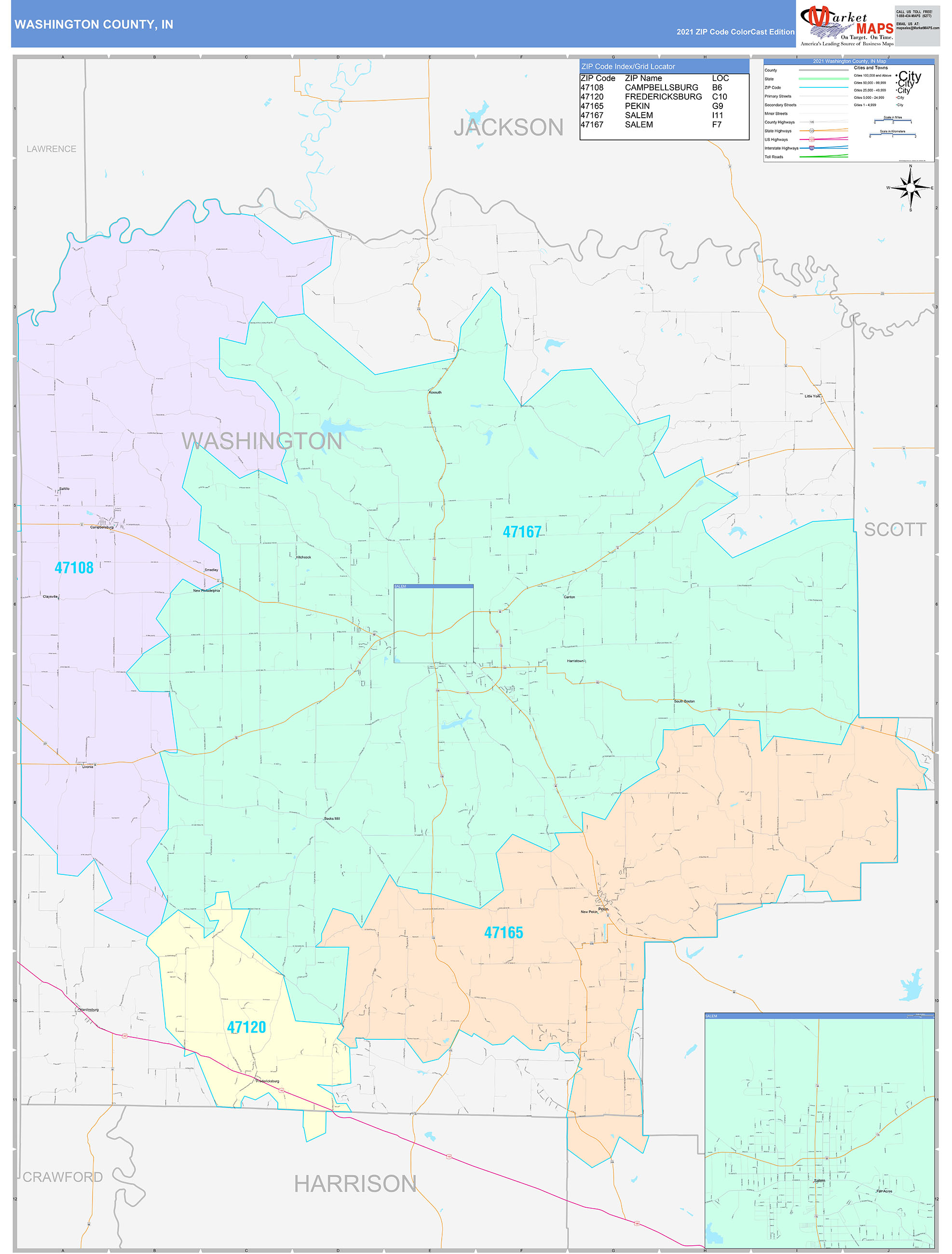 Washington County, IN Wall Map Color Cast Style by MarketMAPS ...