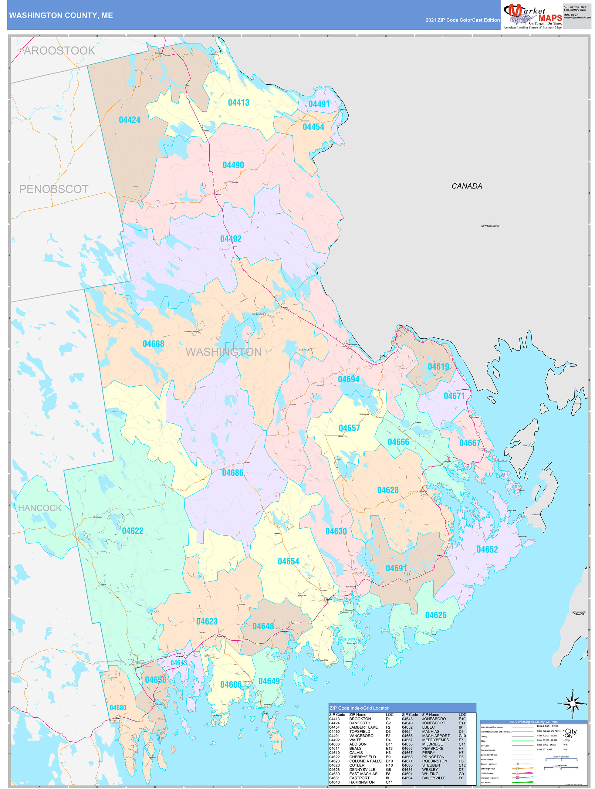 Washington County Me Wall Map Color Cast Style By Marketmaps 3194