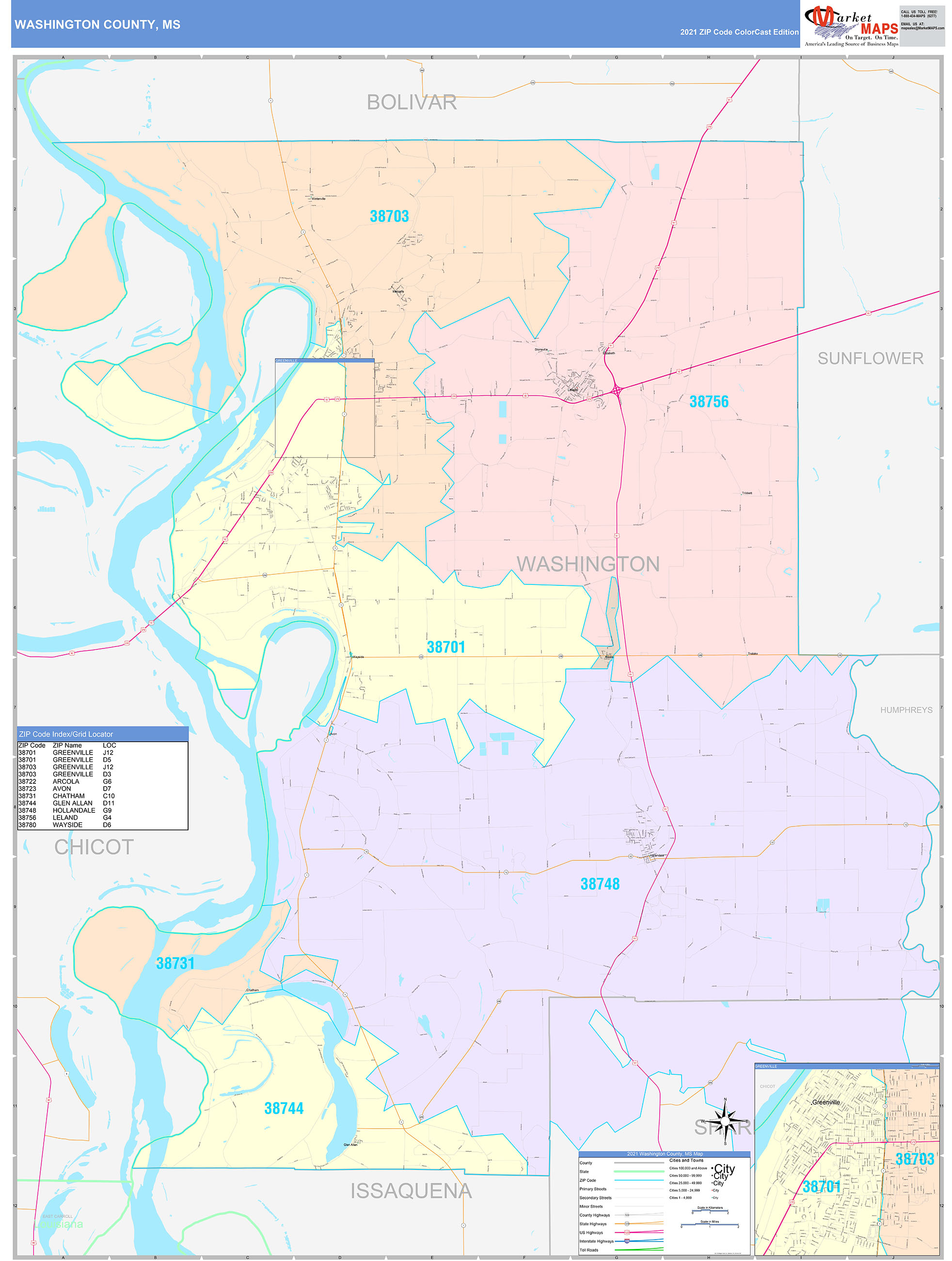 Washington County, MS Wall Map Color Cast Style by MarketMAPS