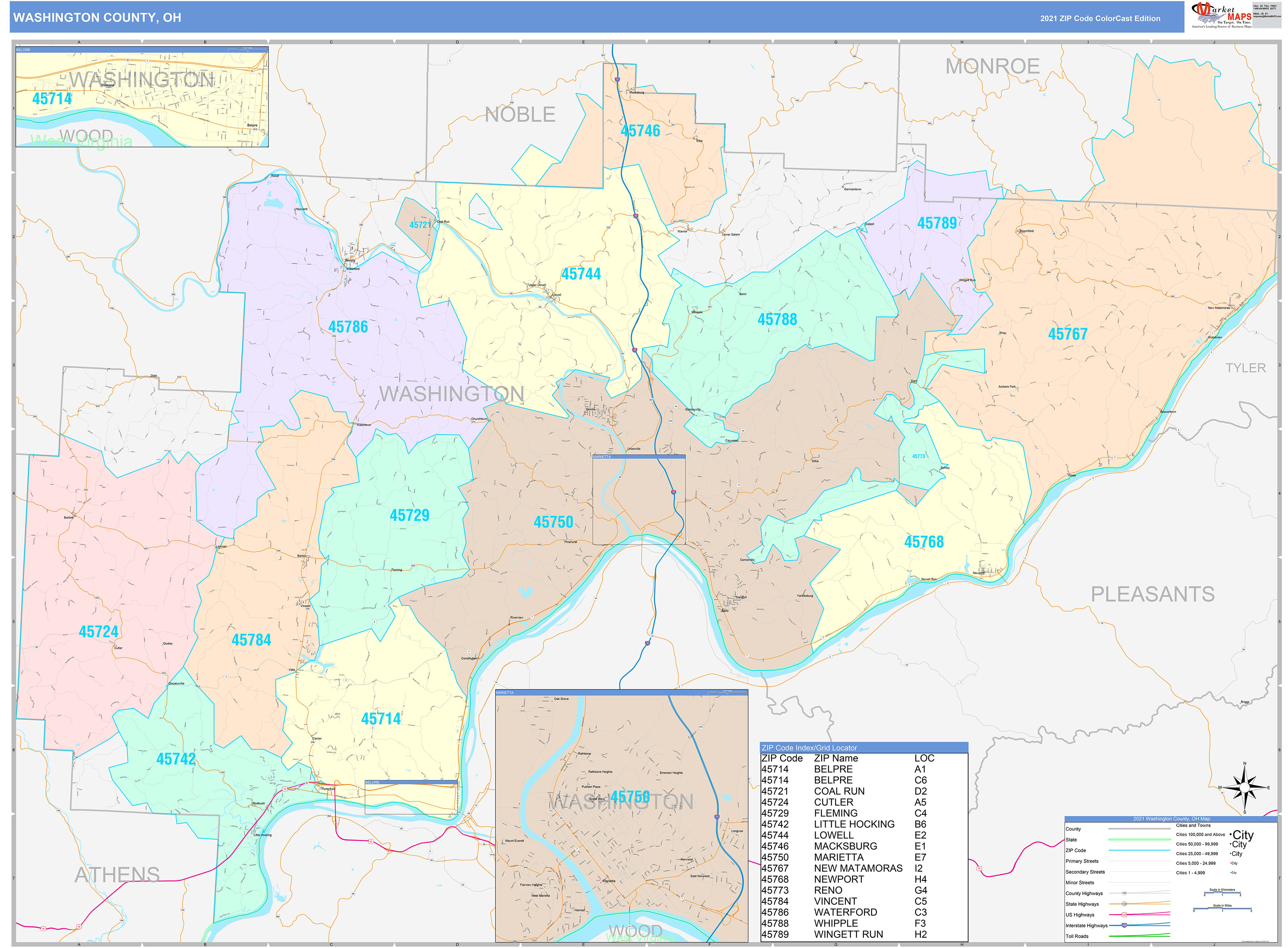 Washington County Oh Wall Map Color Cast Style By Marketmaps 5817