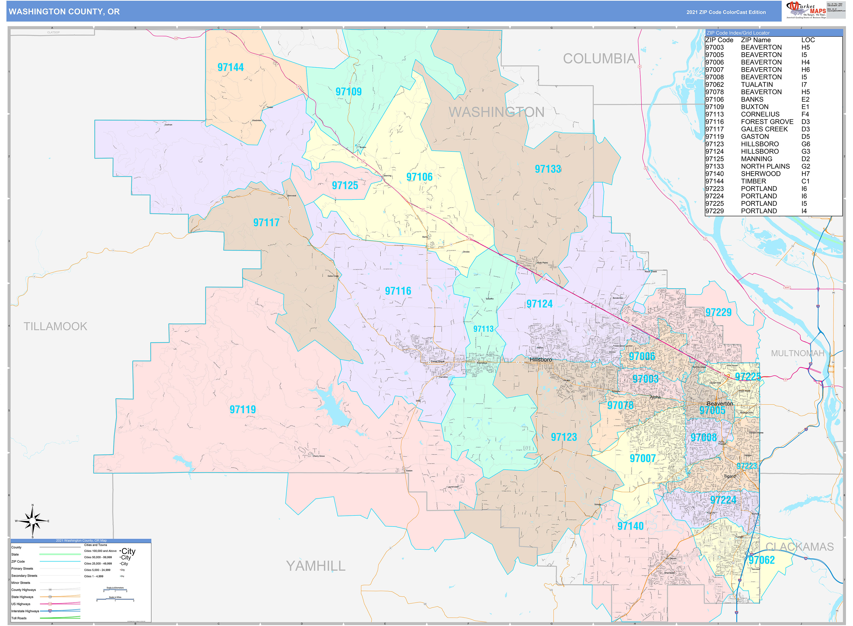 Washington County, OR Wall Map Color Cast Style by MarketMAPS