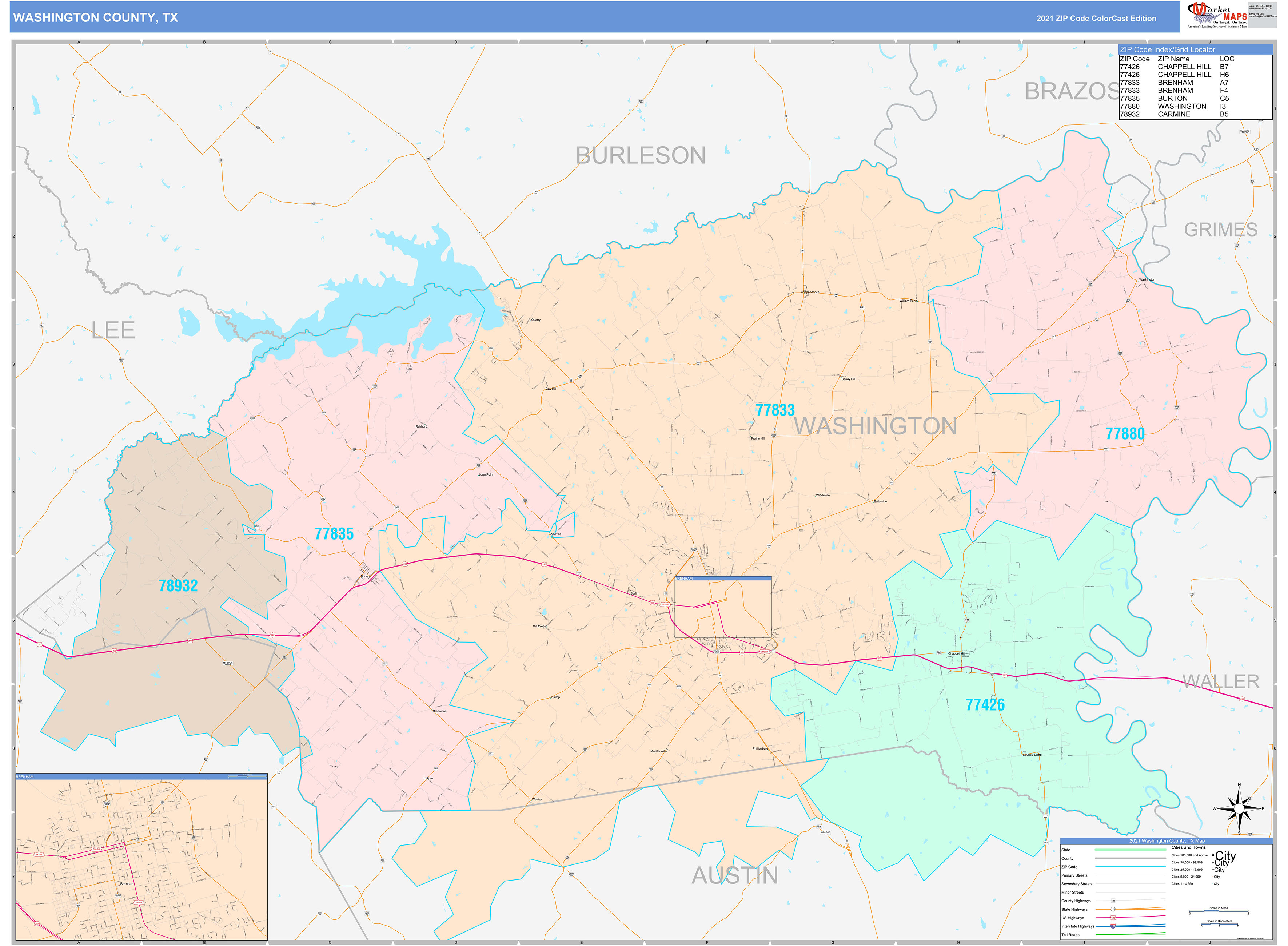 Washington County, TX Wall Map Color Cast Style by MarketMAPS - MapSales