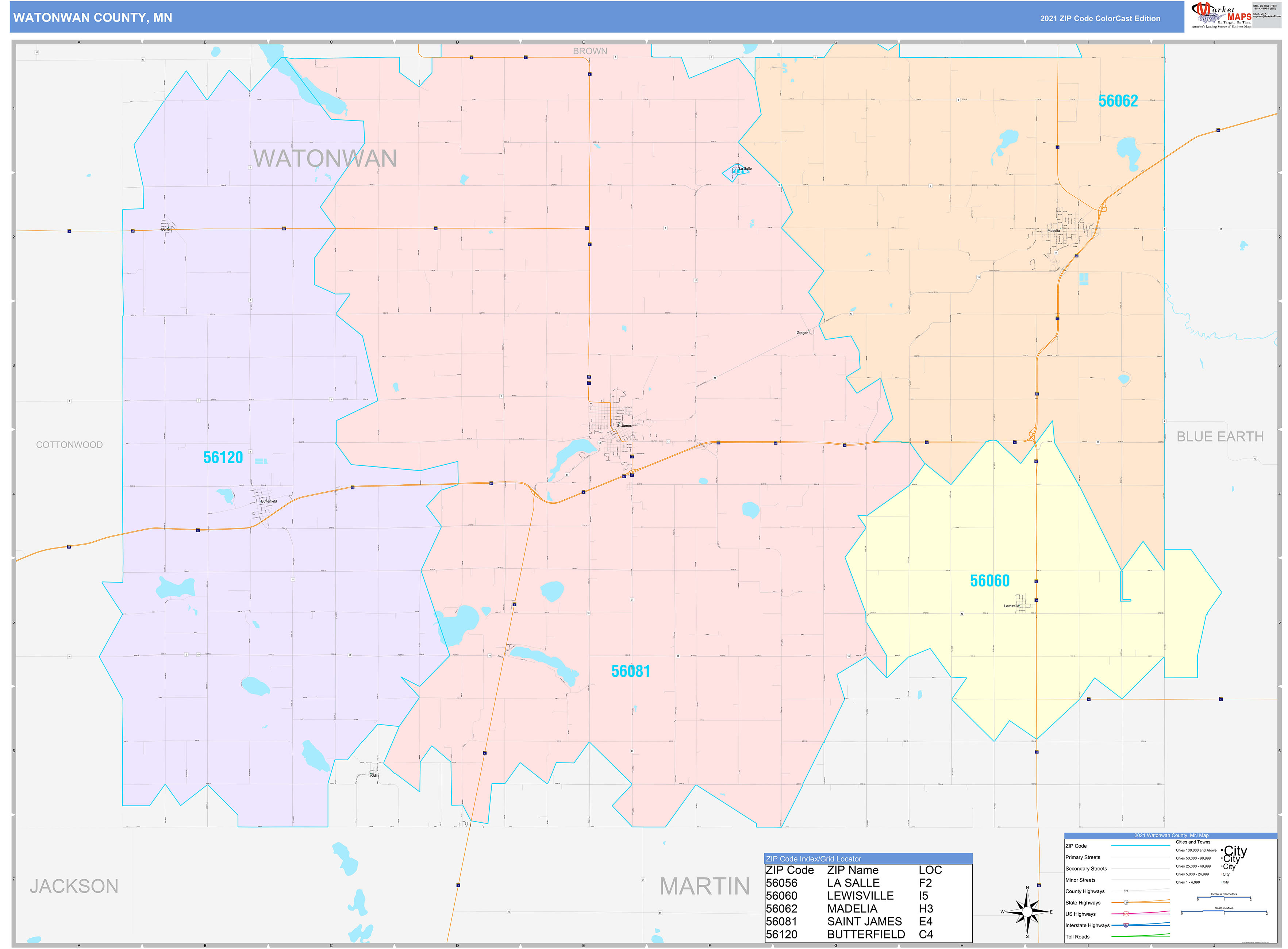 Watonwan County Mn Wall Map Color Cast Style By Marketmaps 5355